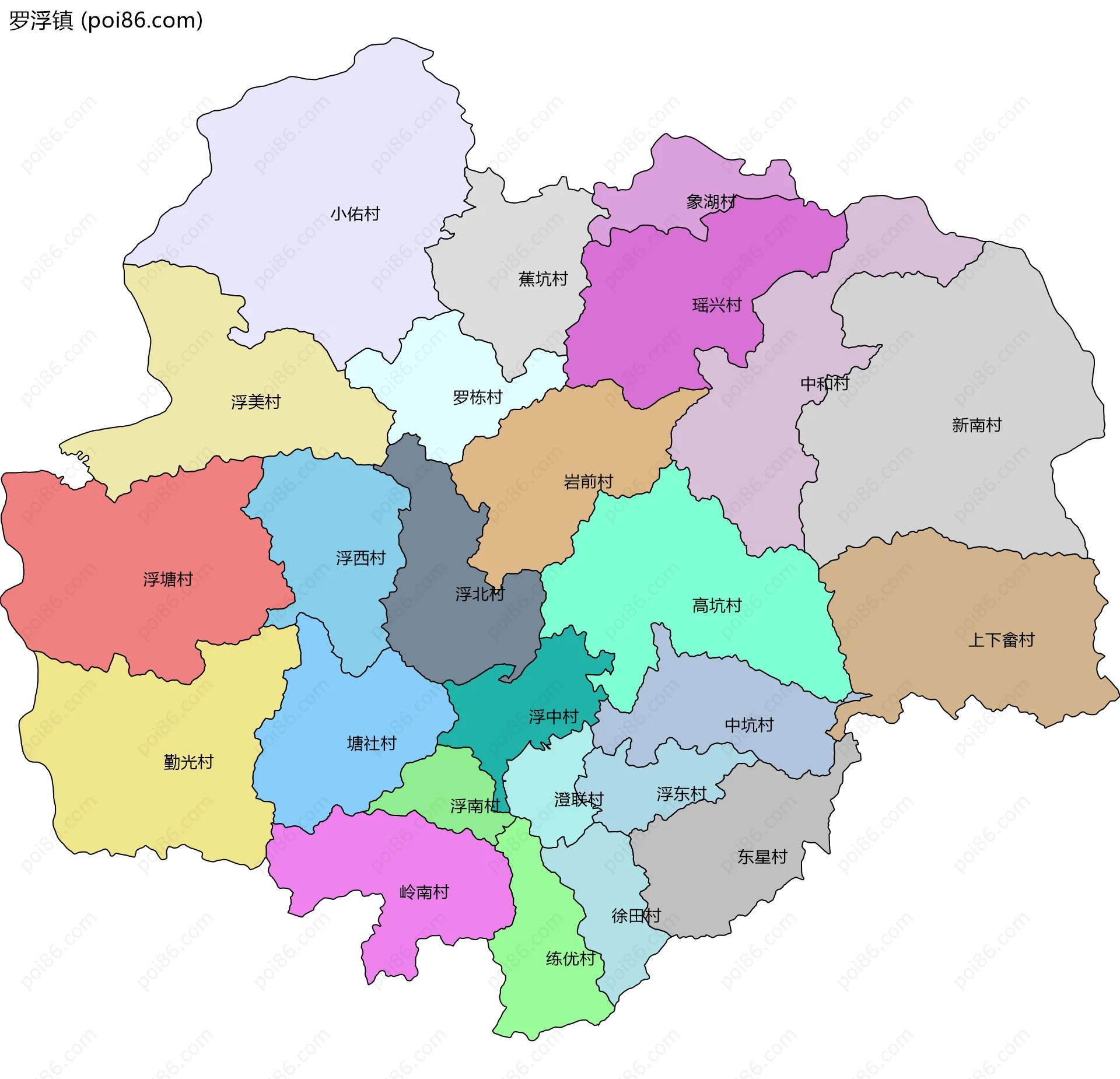 罗浮镇边界地图(五级行政区划)