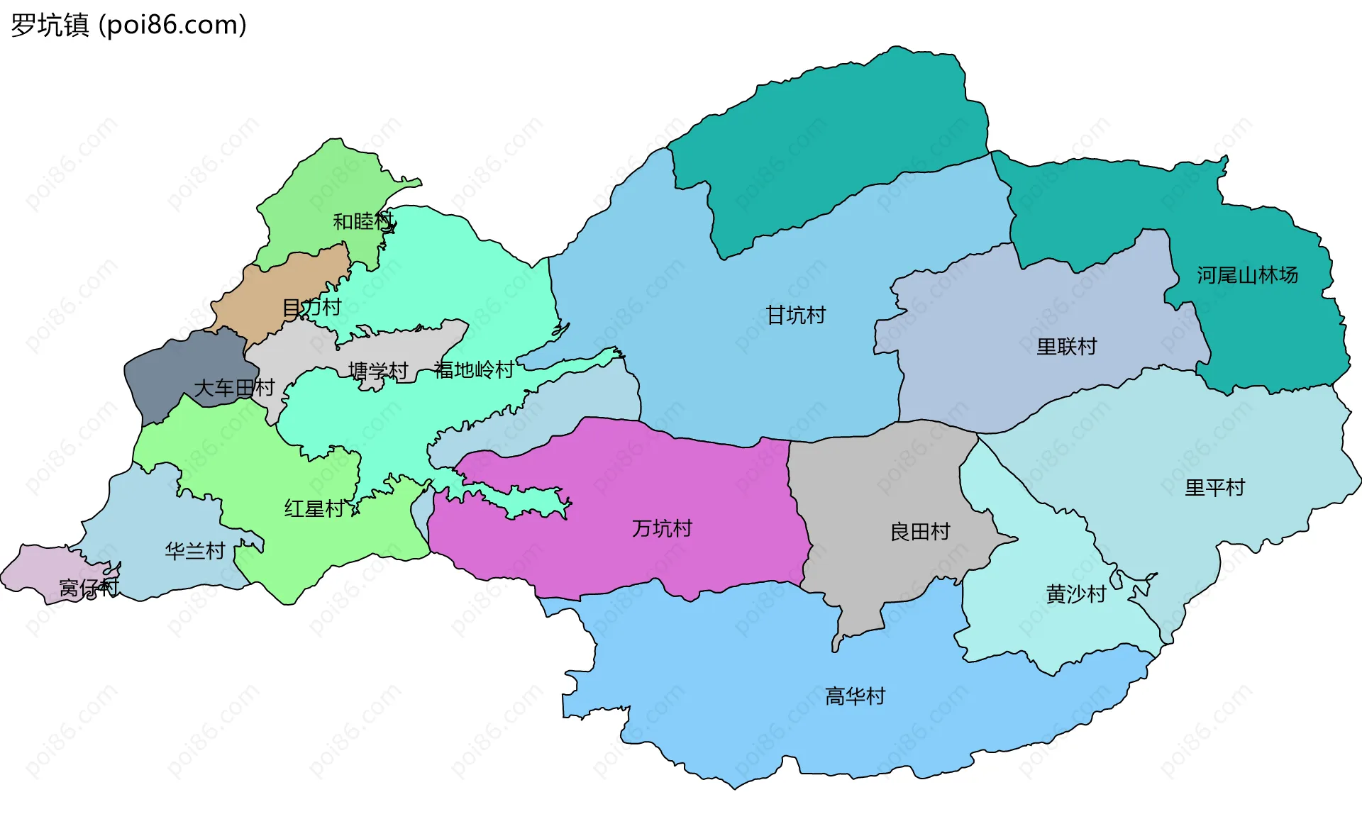 罗坑镇边界地图(五级行政区划)