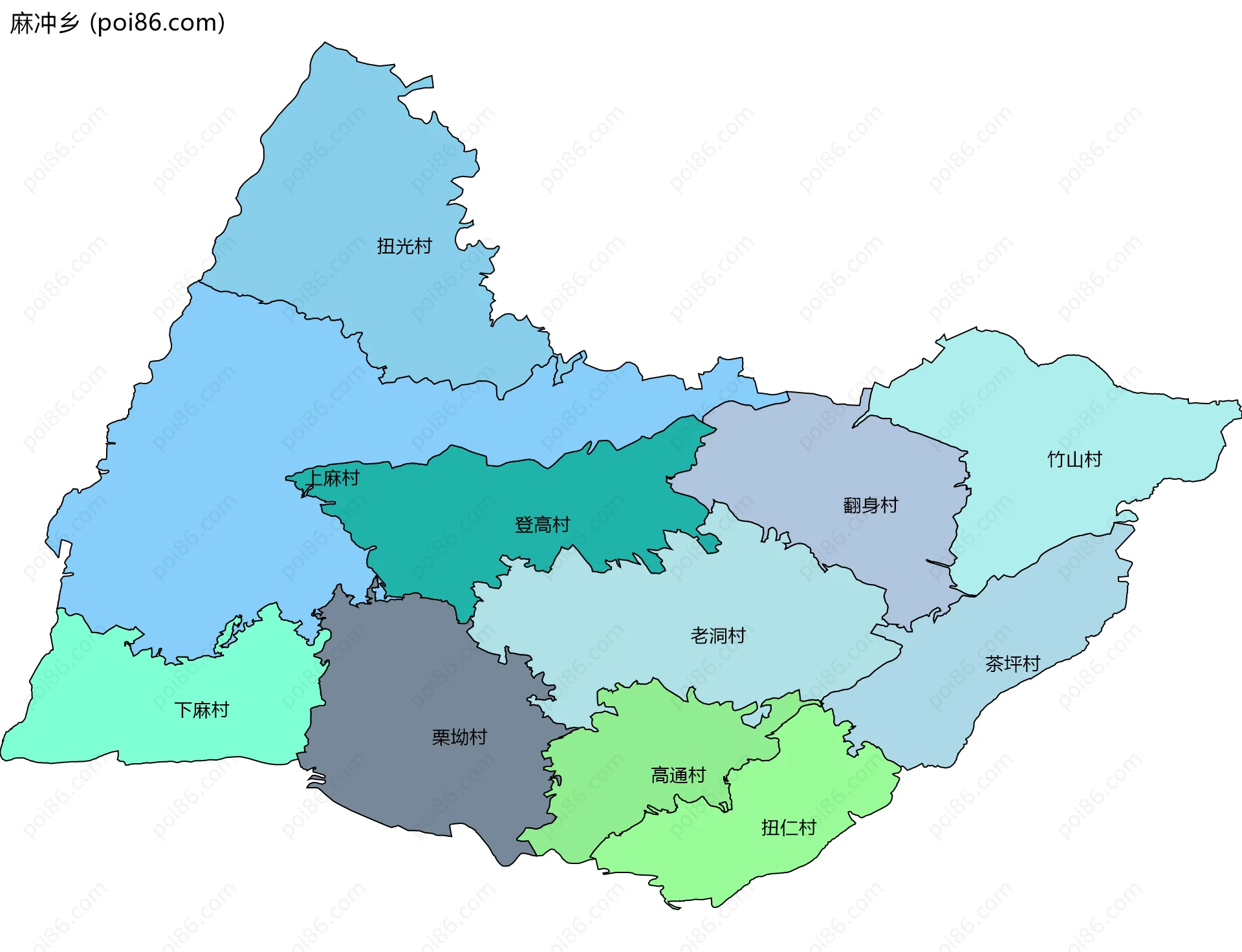 麻冲乡边界地图(五级行政区划)