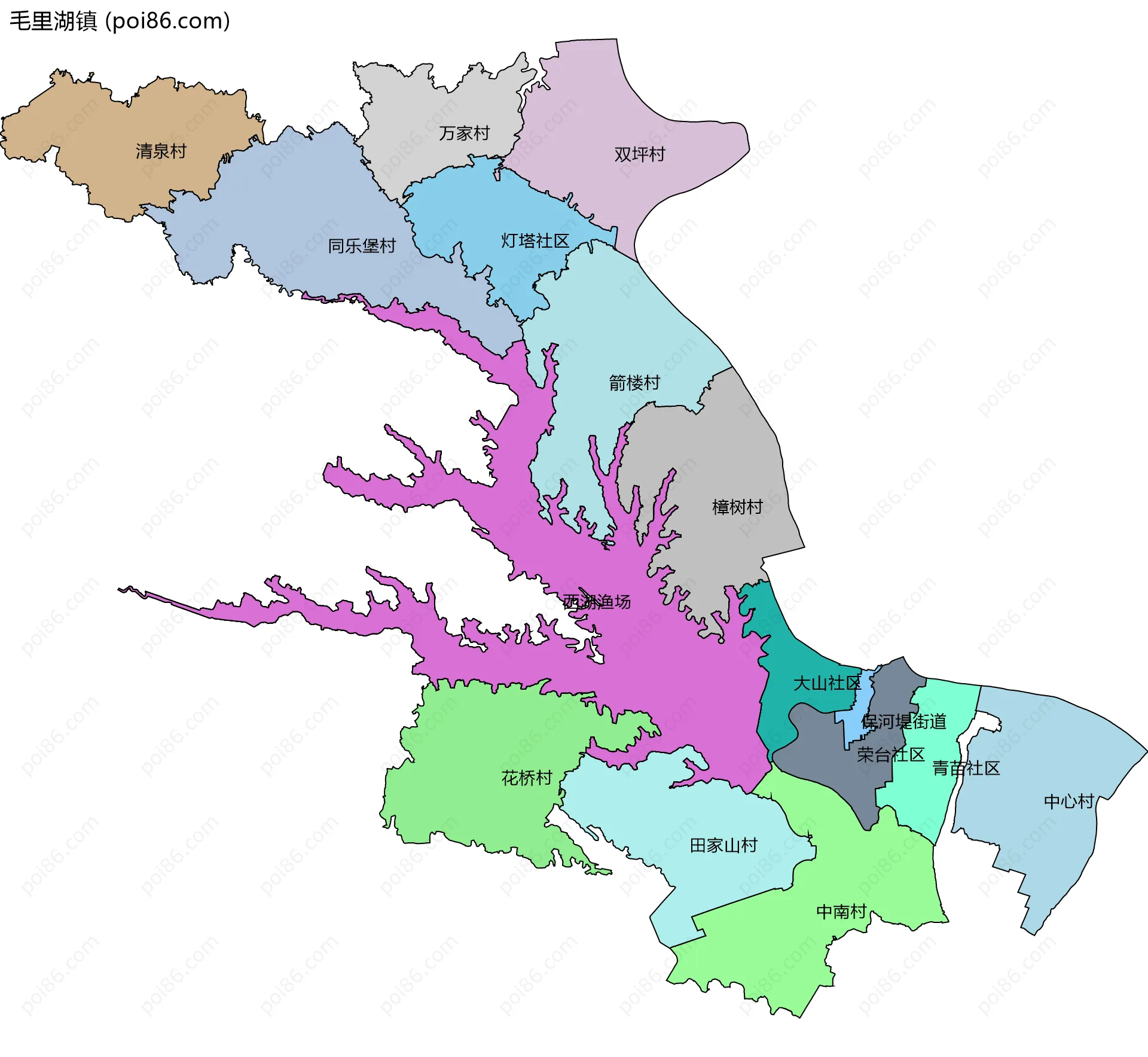 毛里湖镇边界地图(五级行政区划)