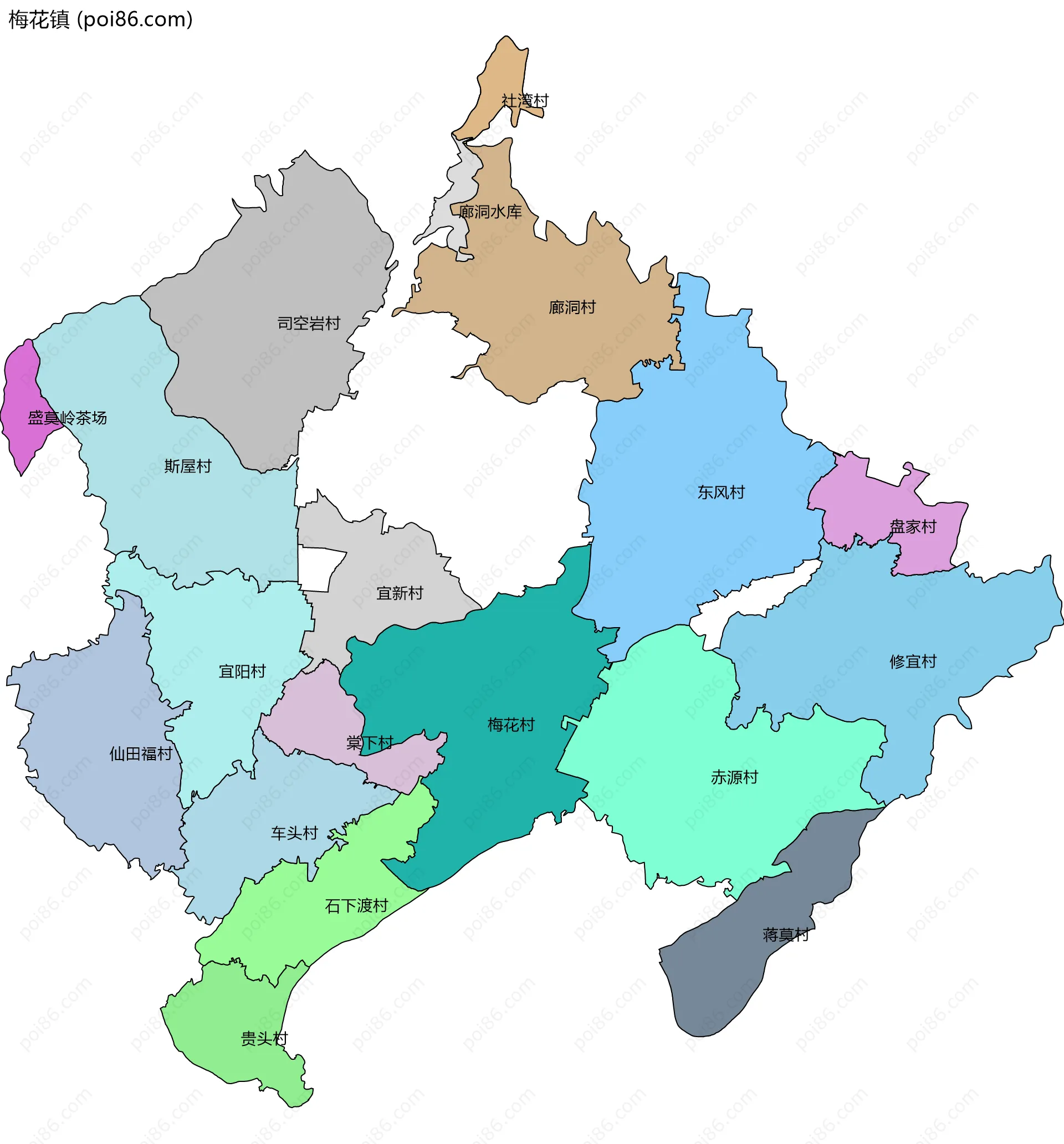 梅花镇边界地图(五级行政区划)