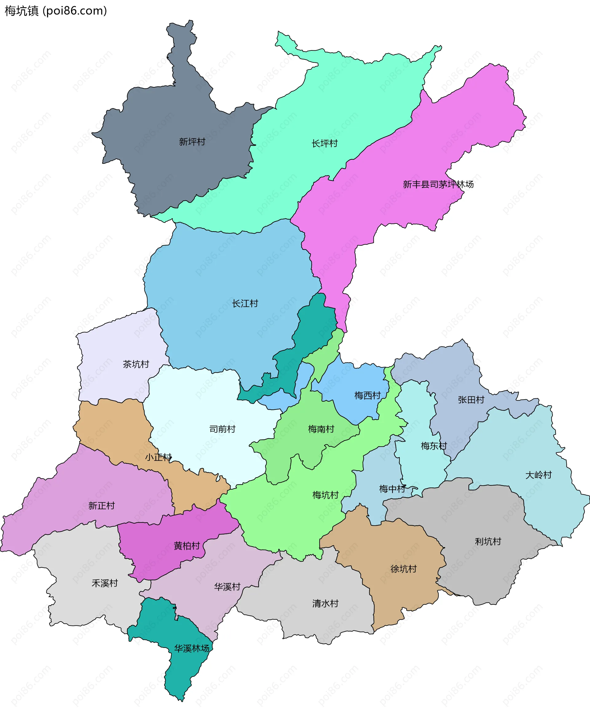 梅坑镇边界地图(五级行政区划)