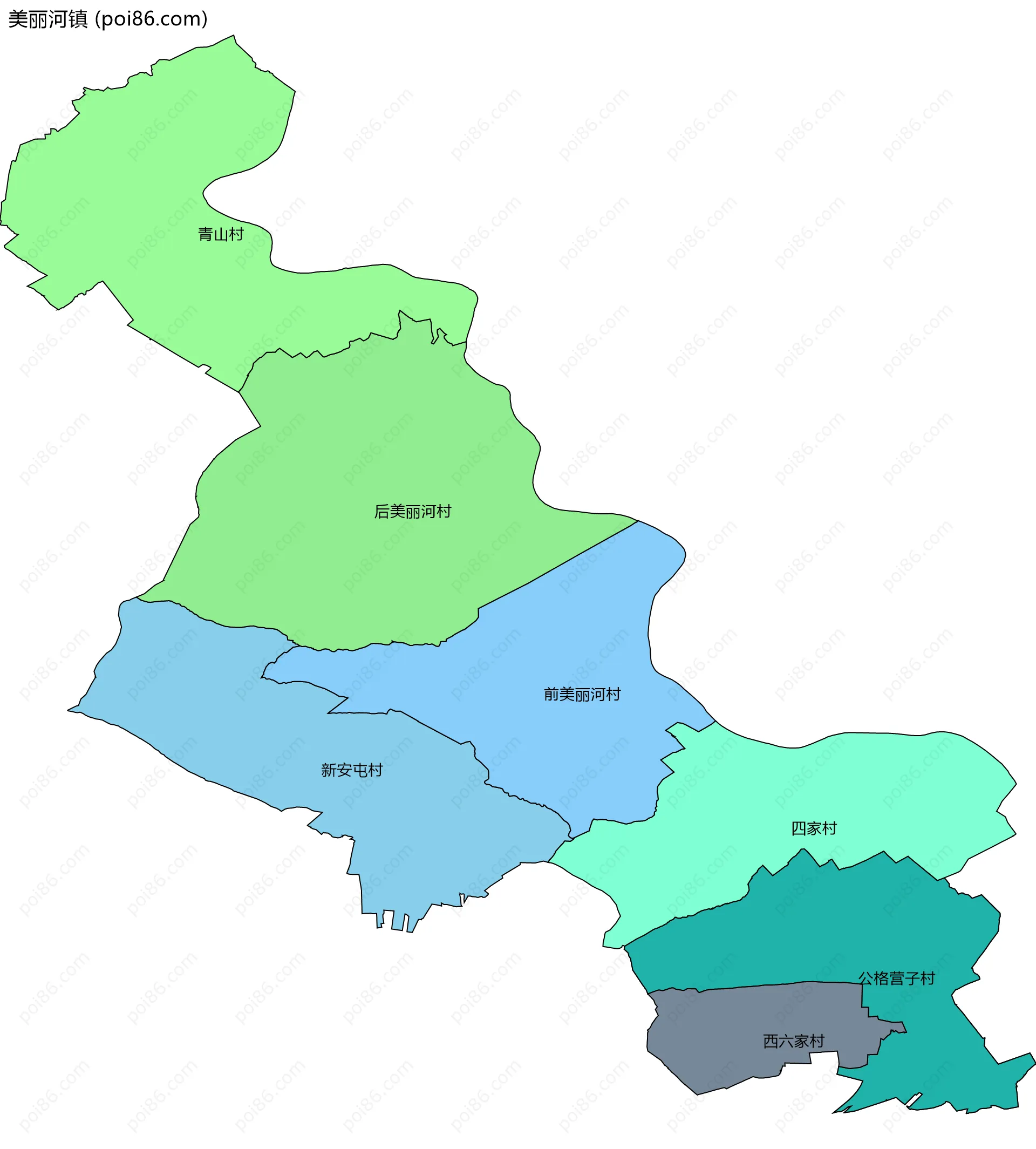 美丽河镇边界地图(五级行政区划)