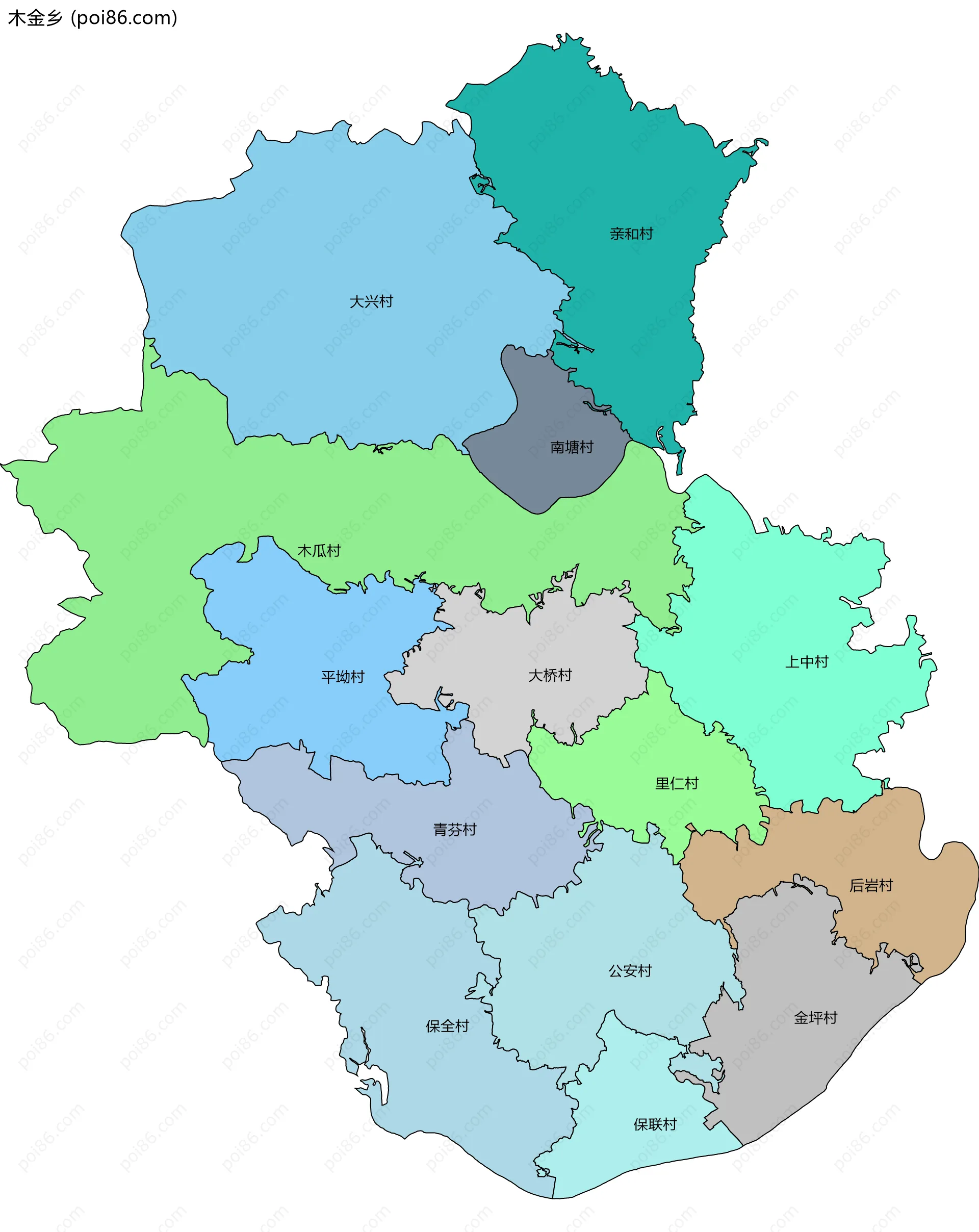 木金乡边界地图(五级行政区划)