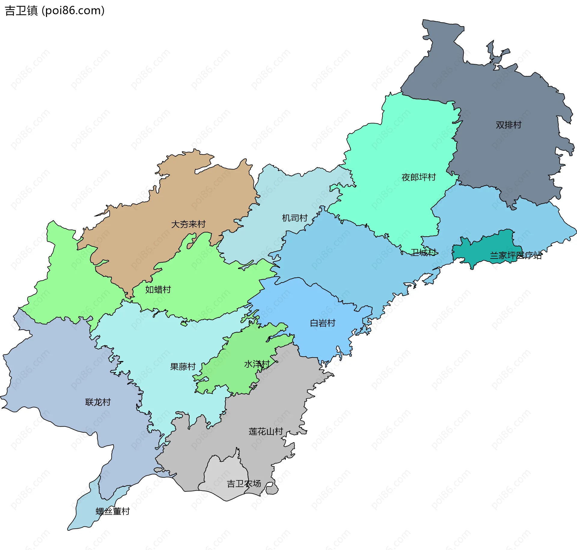 吉卫镇边界地图(五级行政区划)