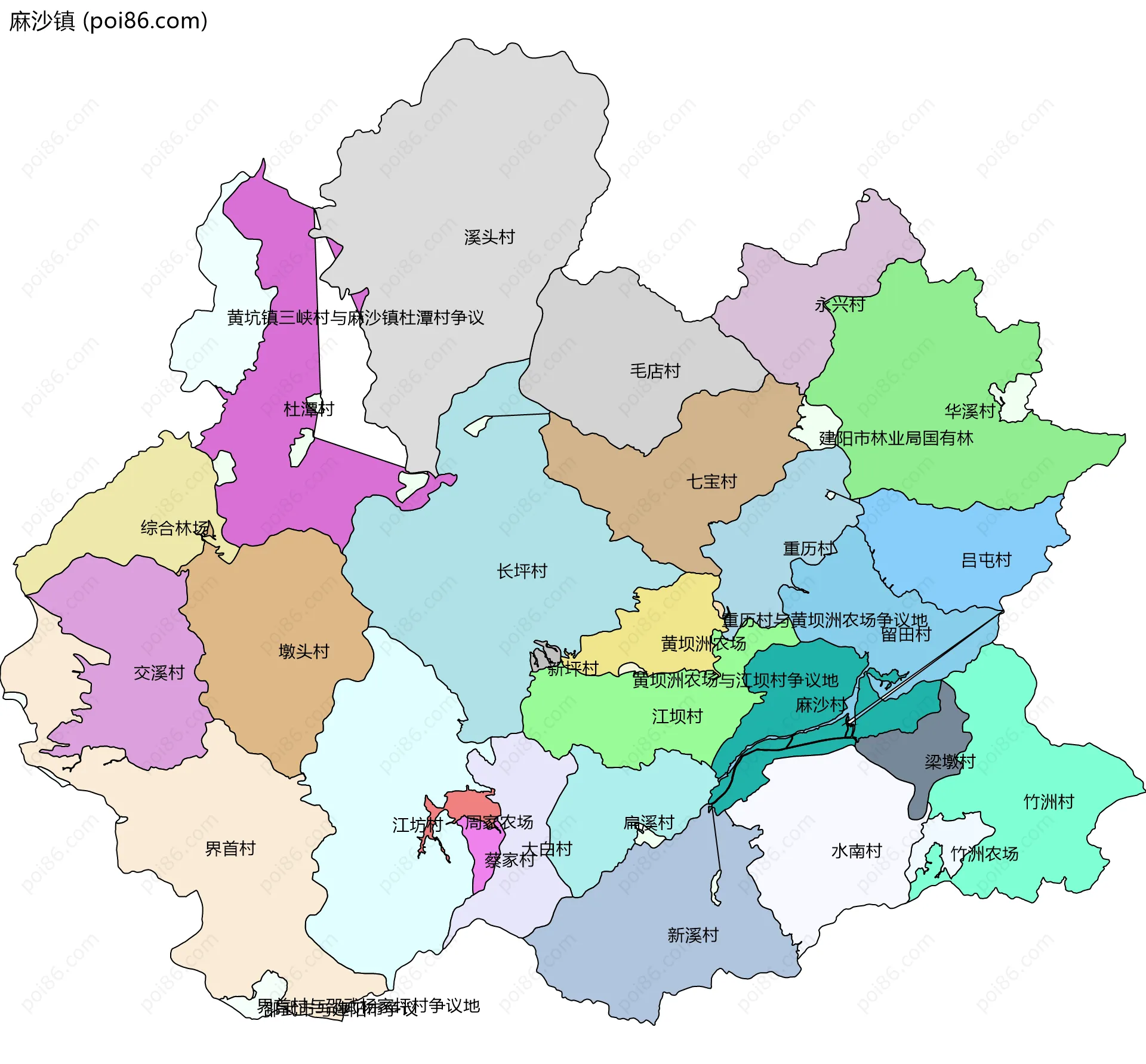 麻沙镇边界地图(五级行政区划)