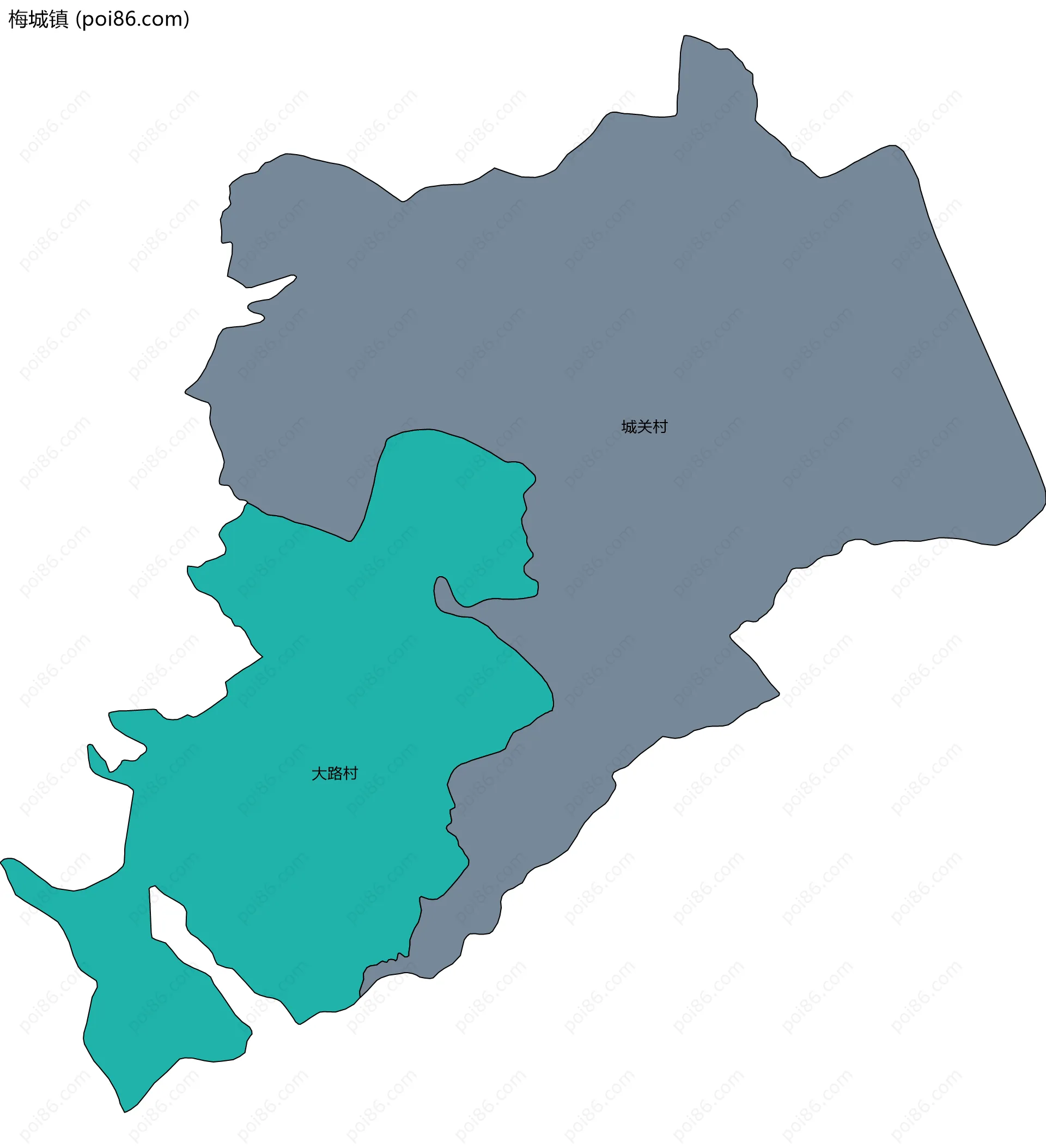 梅城镇边界地图(五级行政区划)