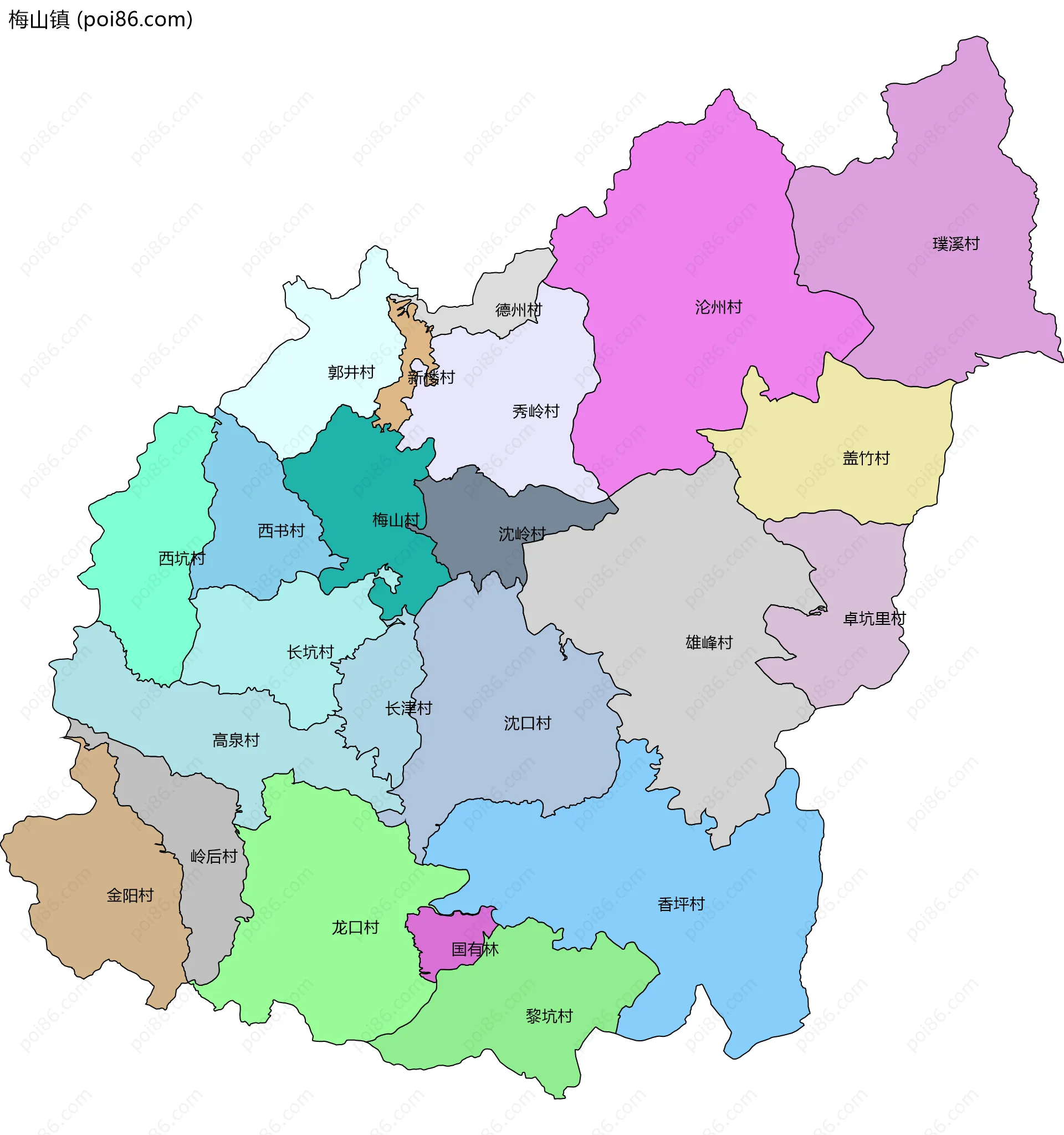 梅山镇边界地图(五级行政区划)