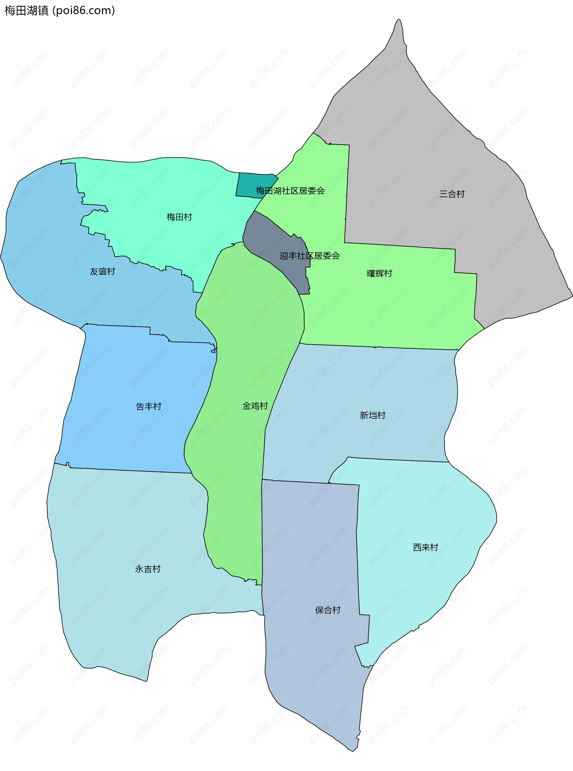 梅田湖镇边界地图(五级行政区划)