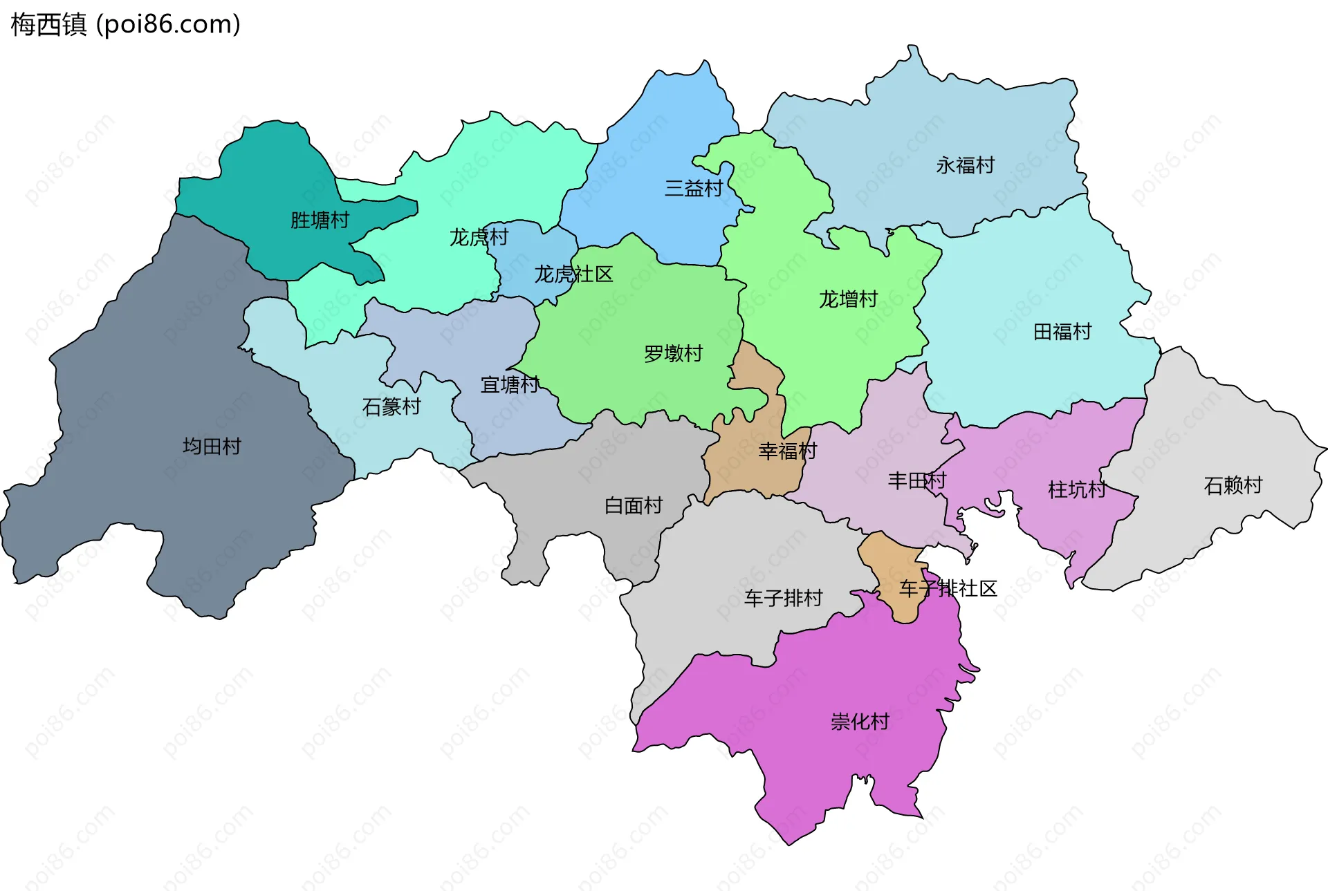 梅西镇边界地图(五级行政区划)
