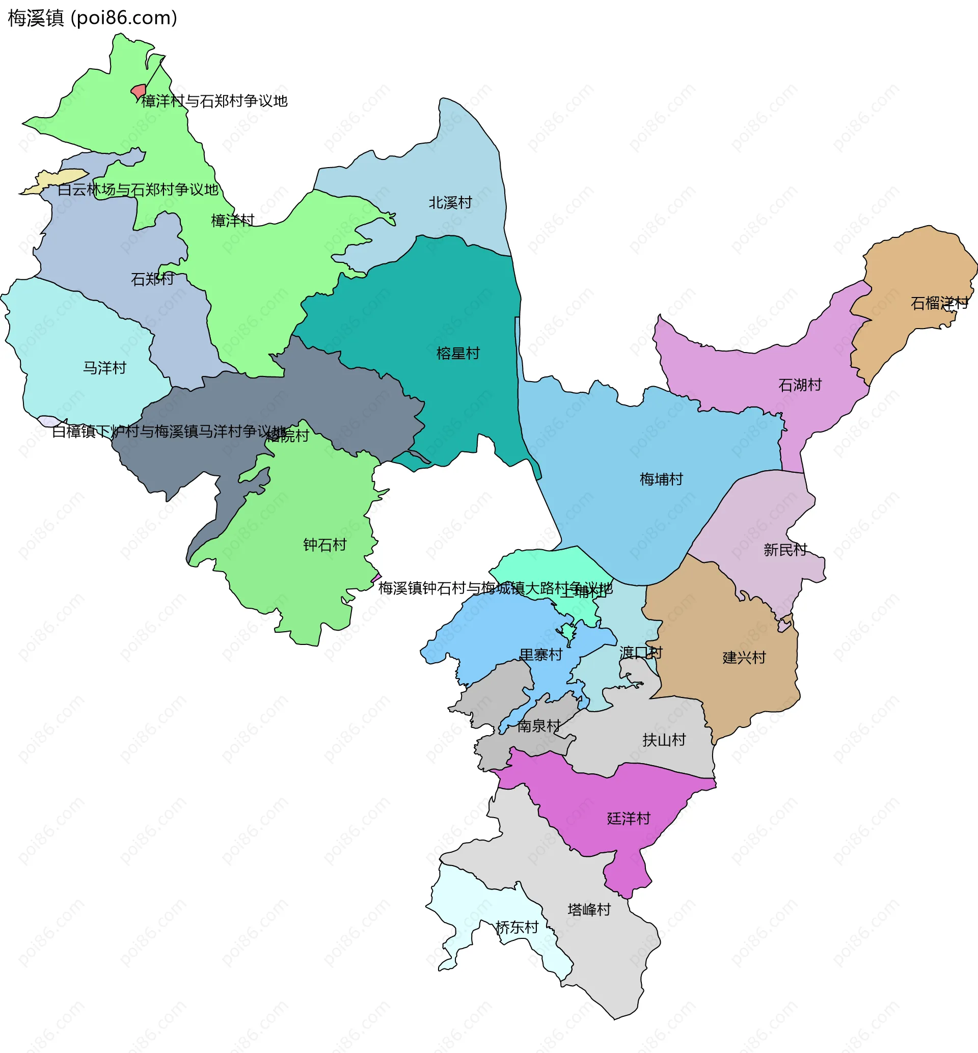 梅溪镇边界地图(五级行政区划)