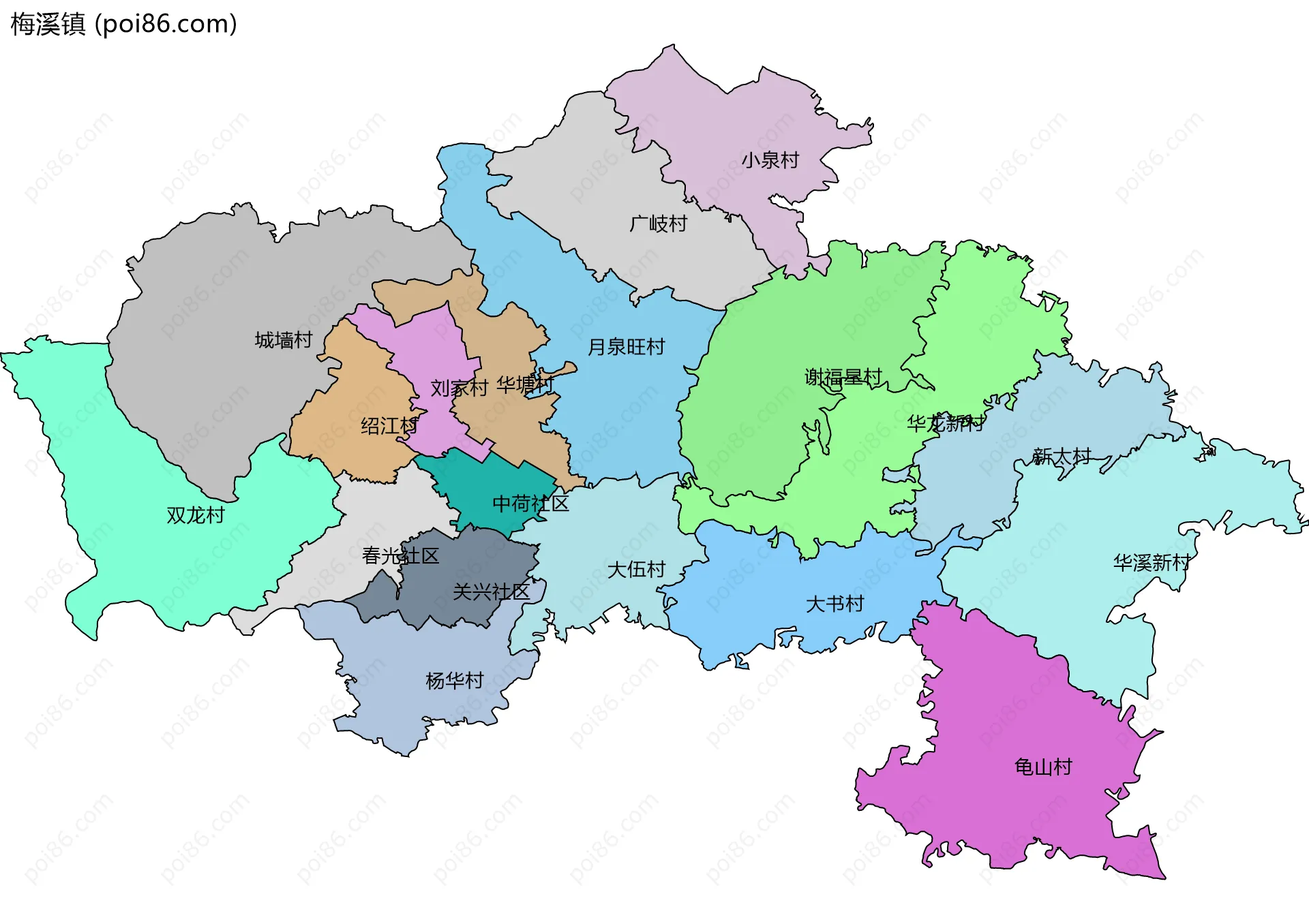 梅溪镇边界地图(五级行政区划)