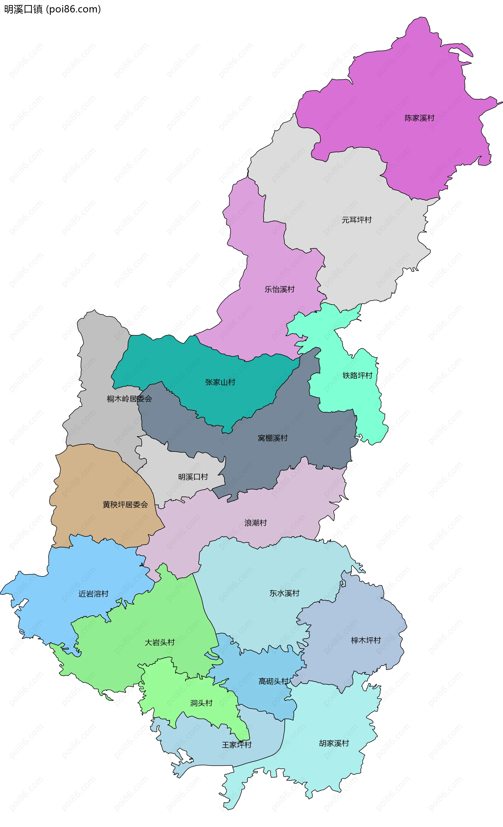 明溪口镇边界地图(五级行政区划)