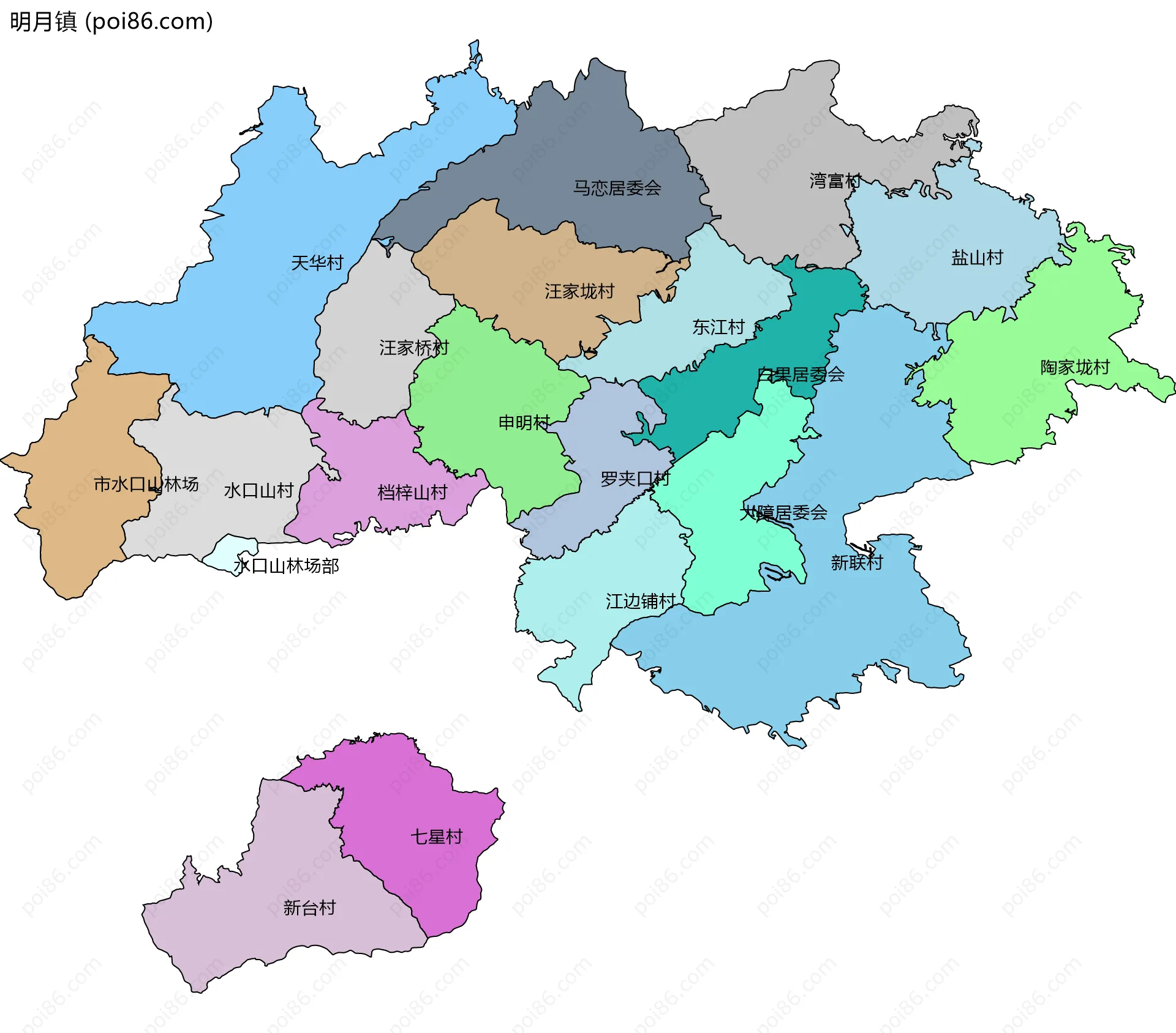 明月镇边界地图(五级行政区划)