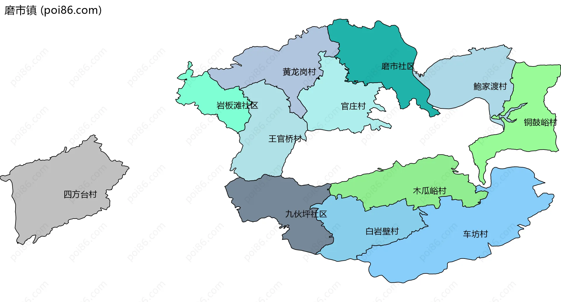 磨市镇边界地图(五级行政区划)