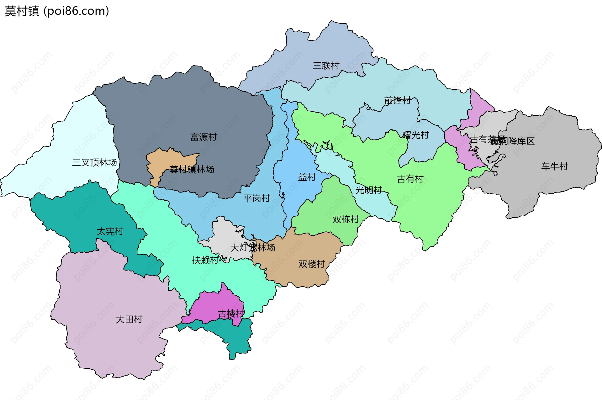 莫村镇边界地图(五级行政区划)