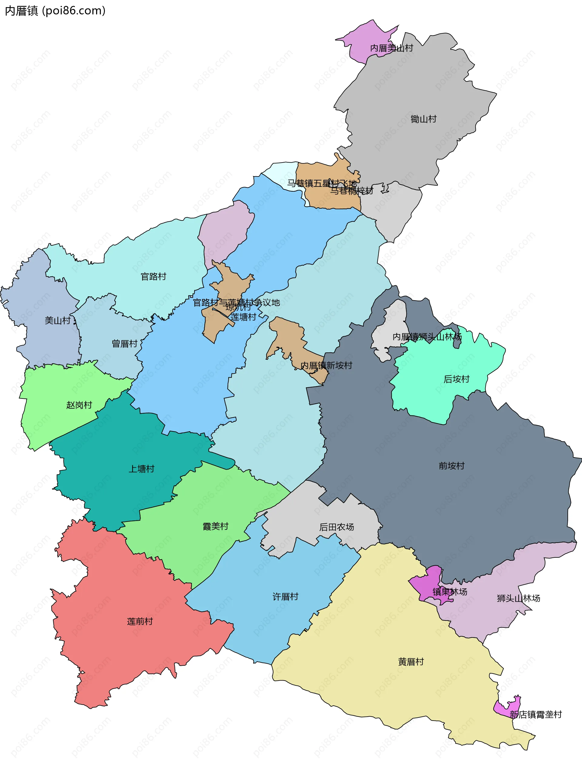内厝镇边界地图(五级行政区划)