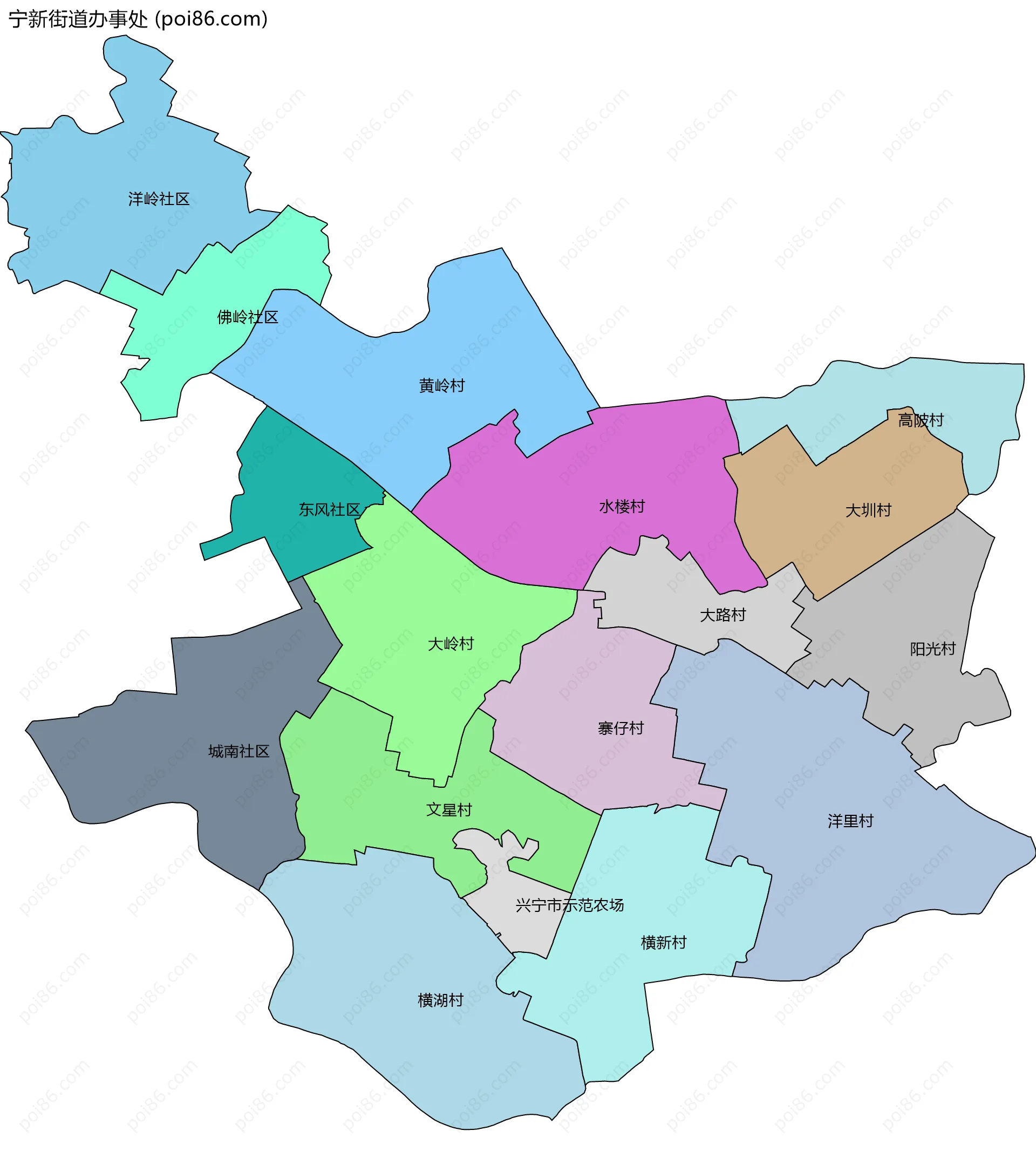 宁新街道办事处边界地图(五级行政区划)