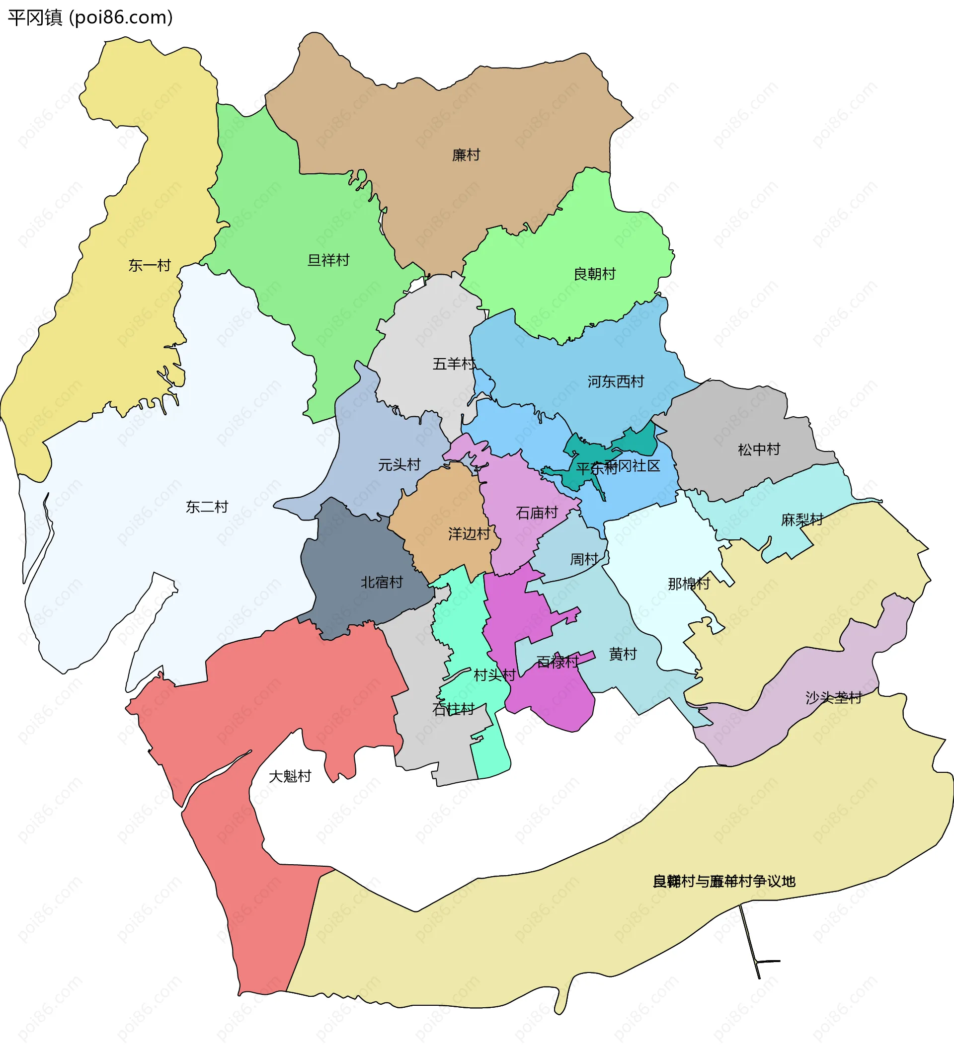 平冈镇边界地图(五级行政区划)