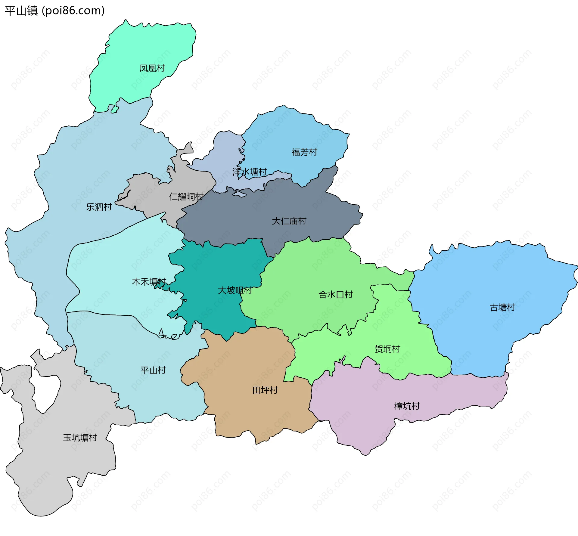 平山镇边界地图(五级行政区划)