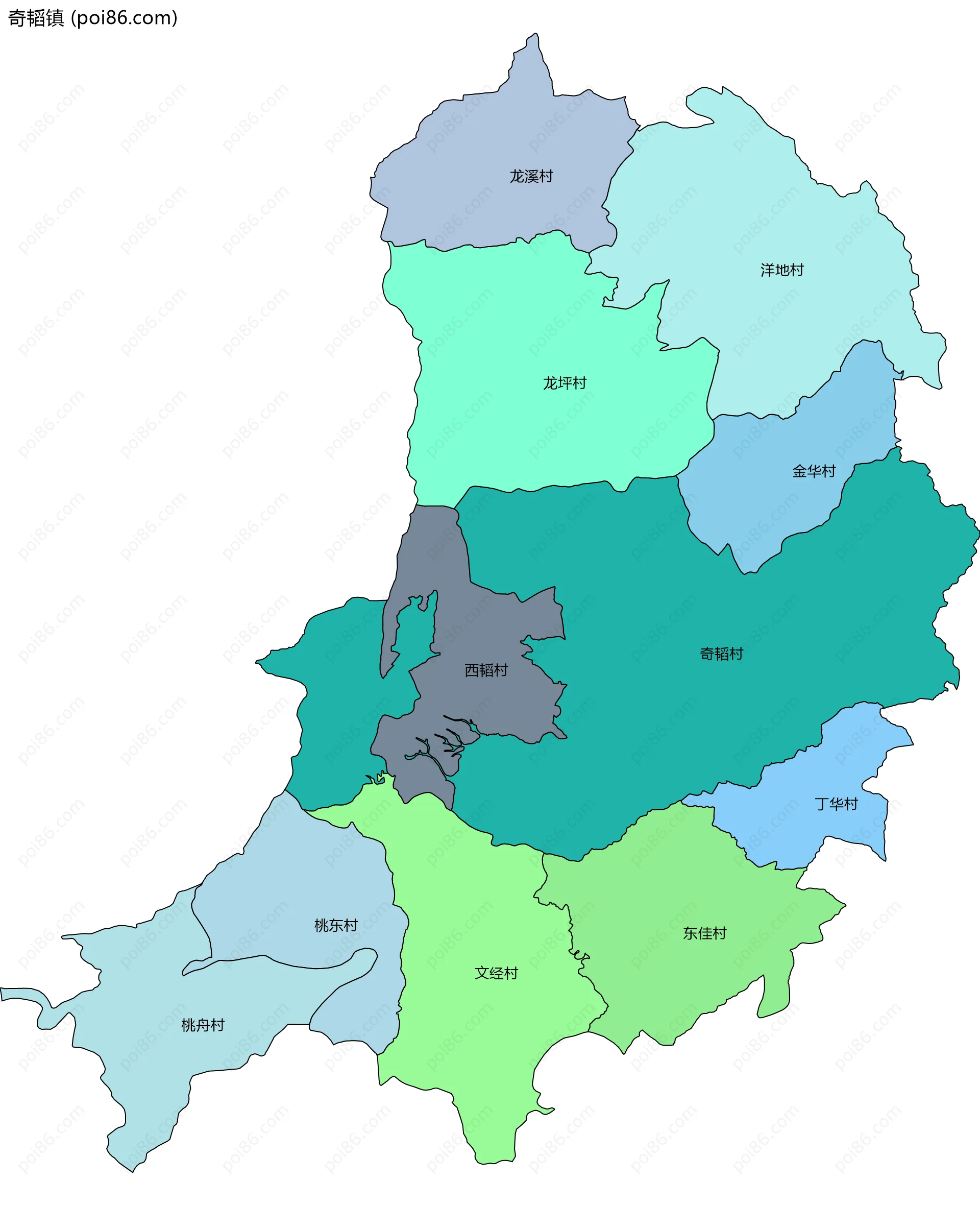 奇韬镇边界地图(五级行政区划)