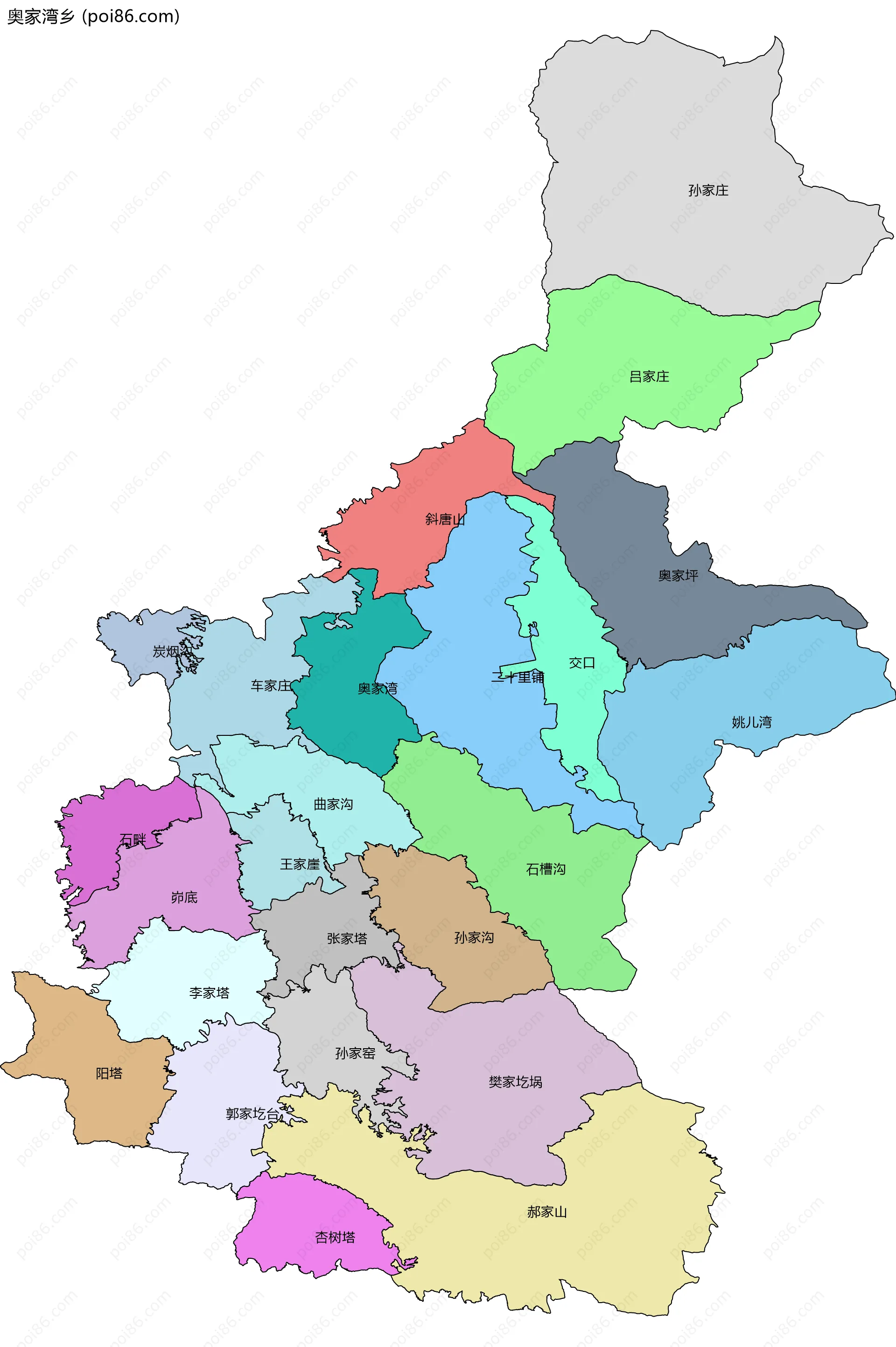 奥家湾乡边界地图(五级行政区划)