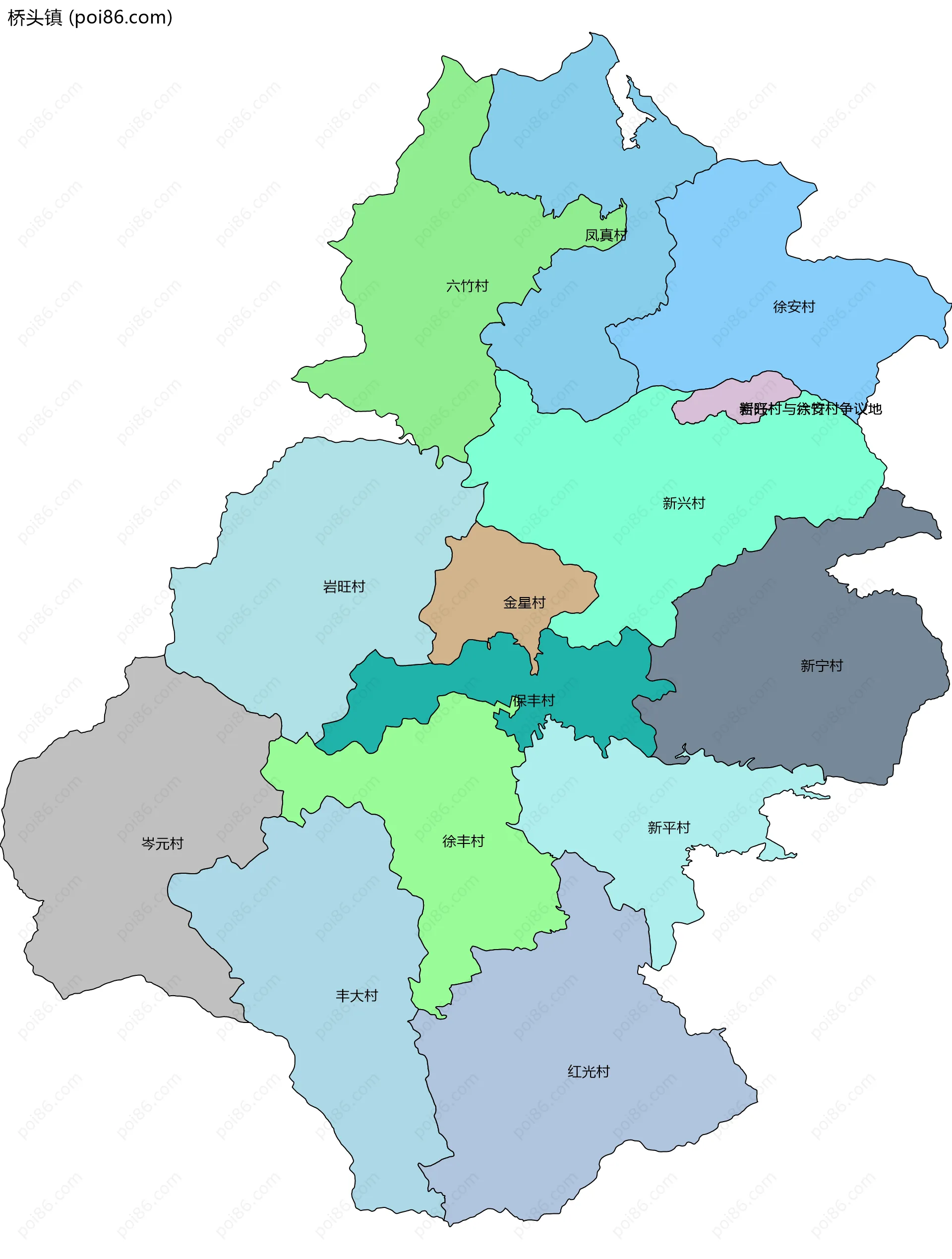 桥头镇边界地图(五级行政区划)