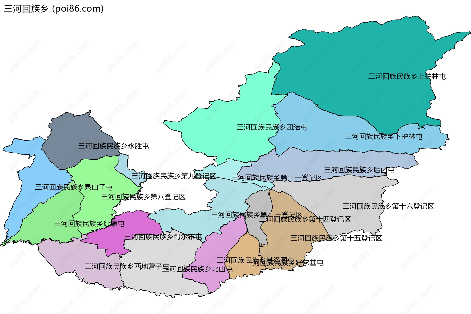 三河回族乡边界地图(五级行政区划)