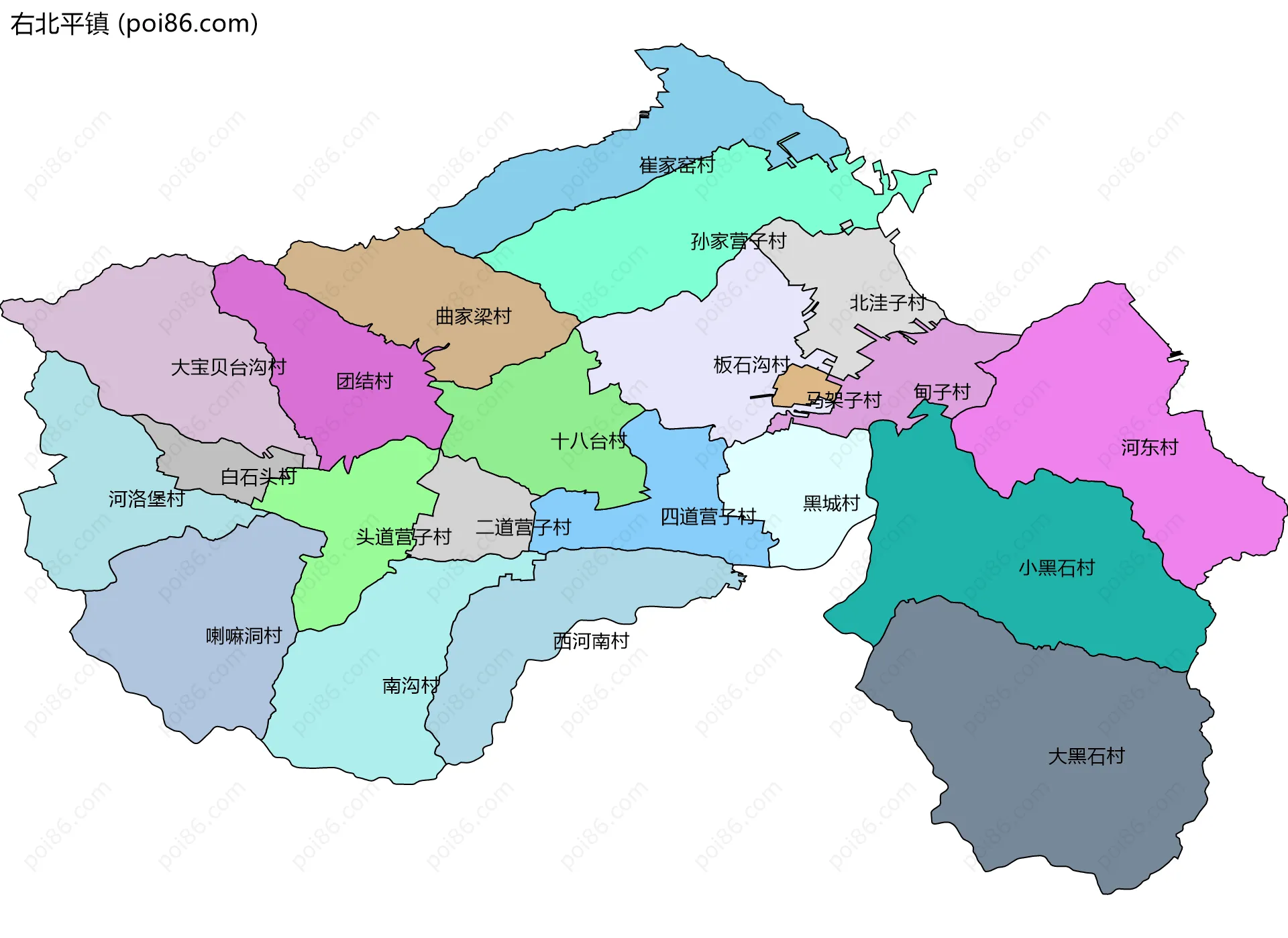 右北平镇边界地图(五级行政区划)