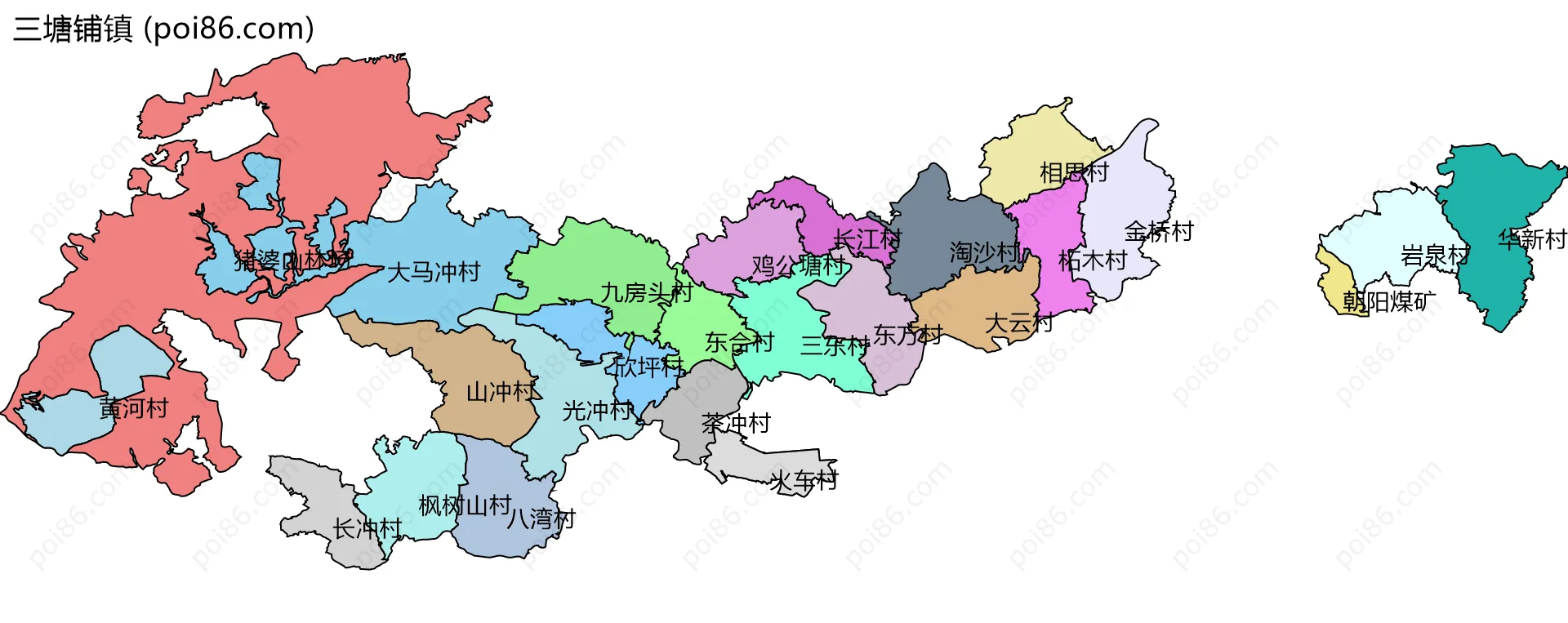 三塘铺镇边界地图(五级行政区划)