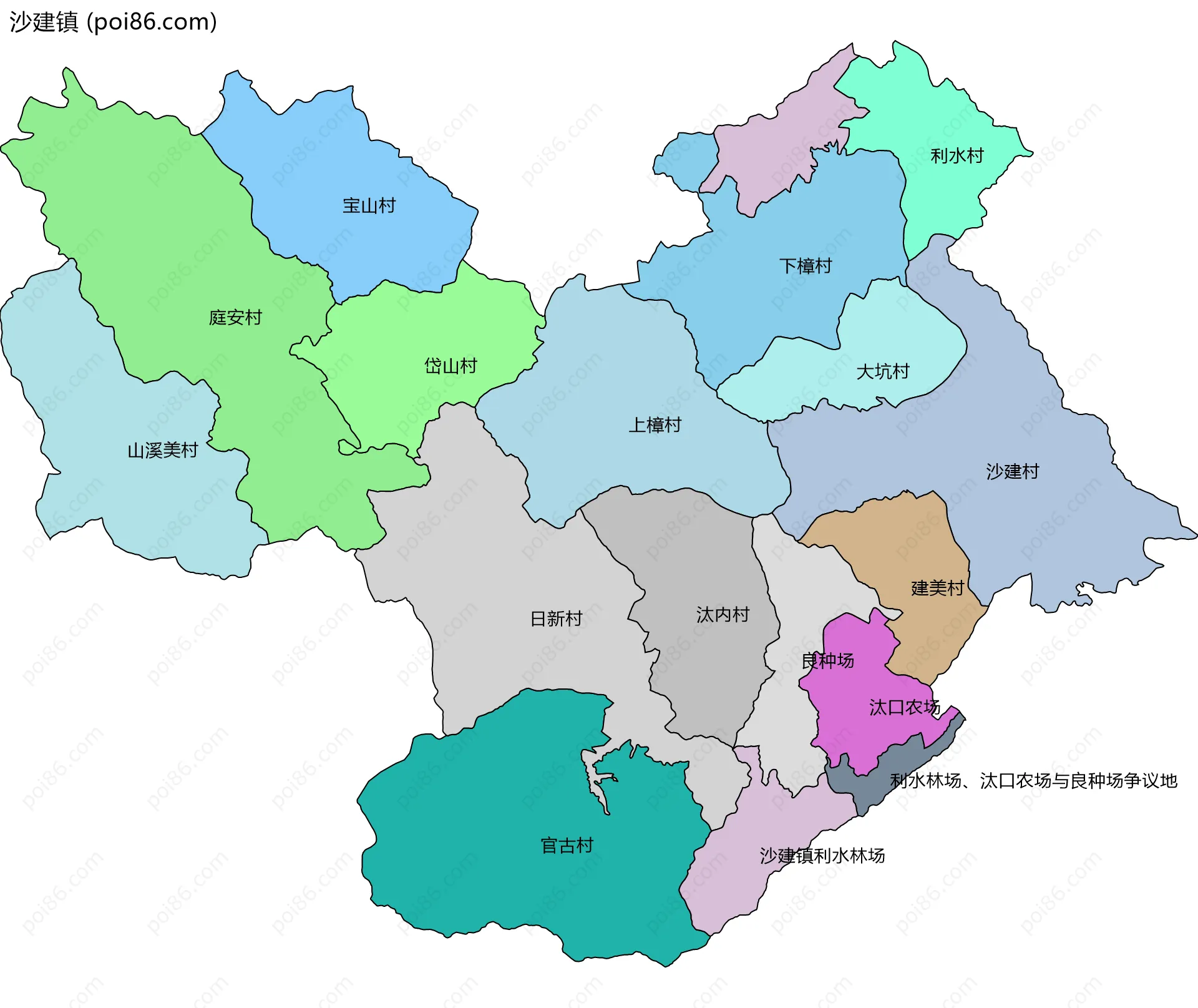 沙建镇边界地图(五级行政区划)