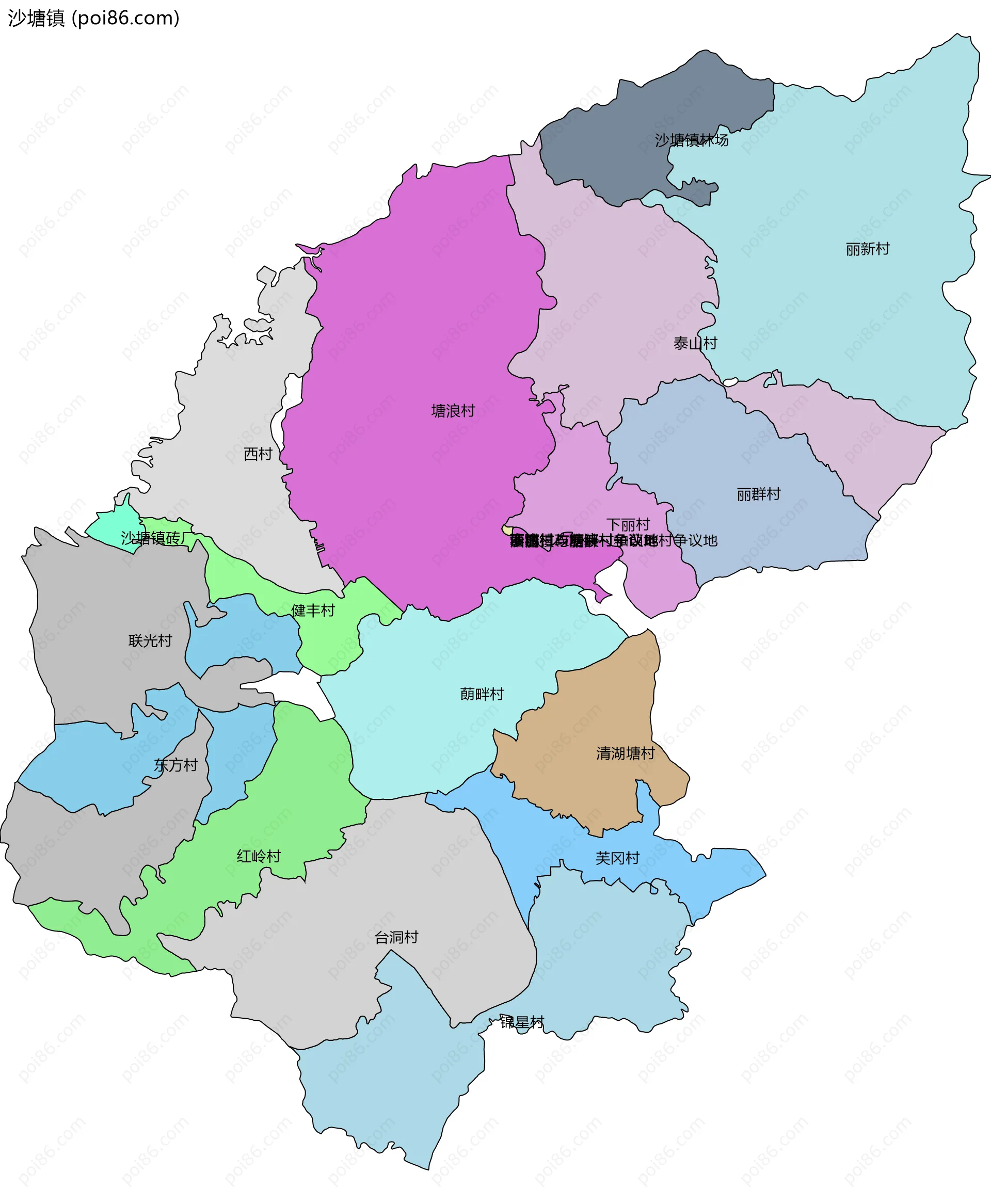 沙塘镇边界地图(五级行政区划)