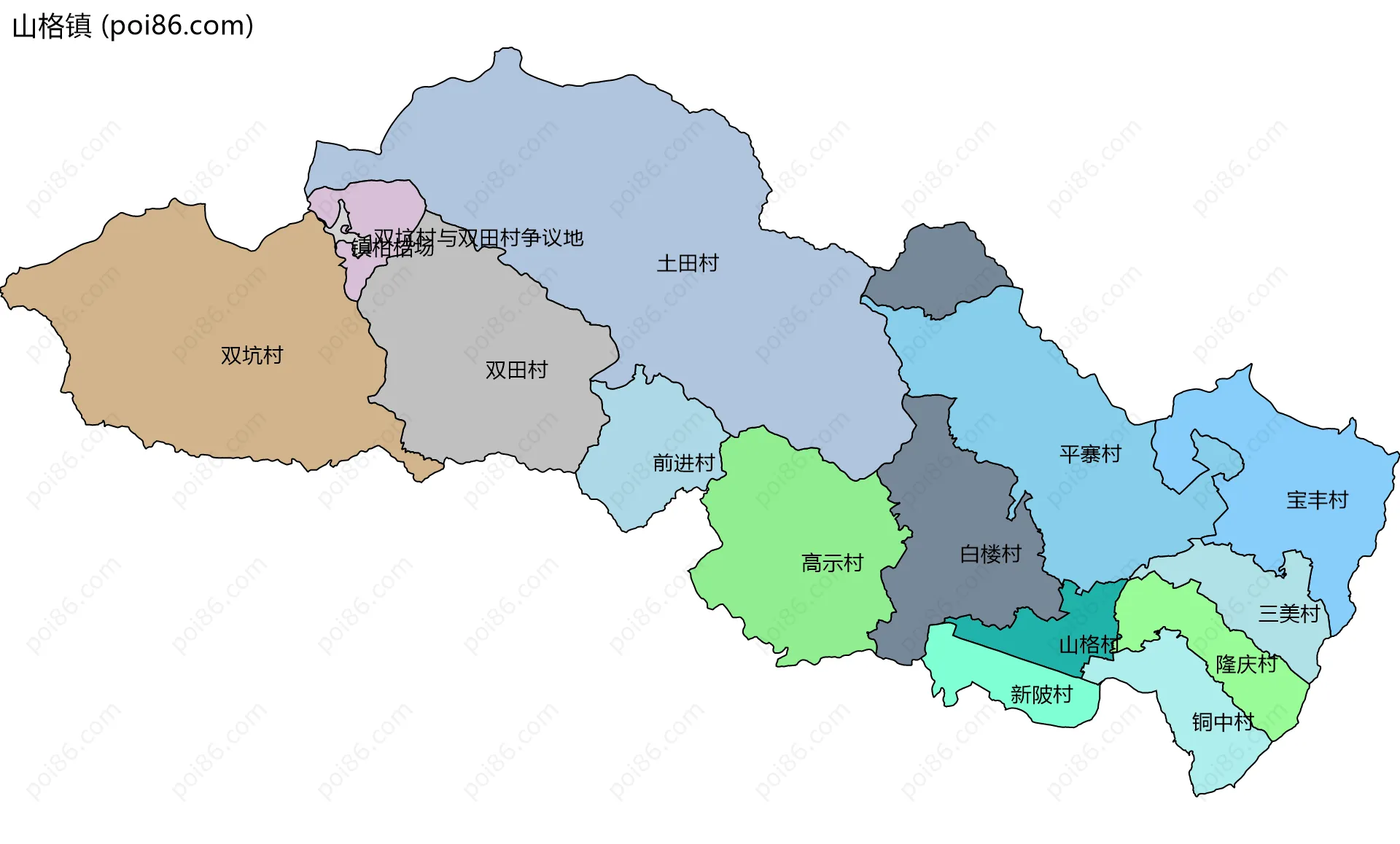 山格镇边界地图(五级行政区划)