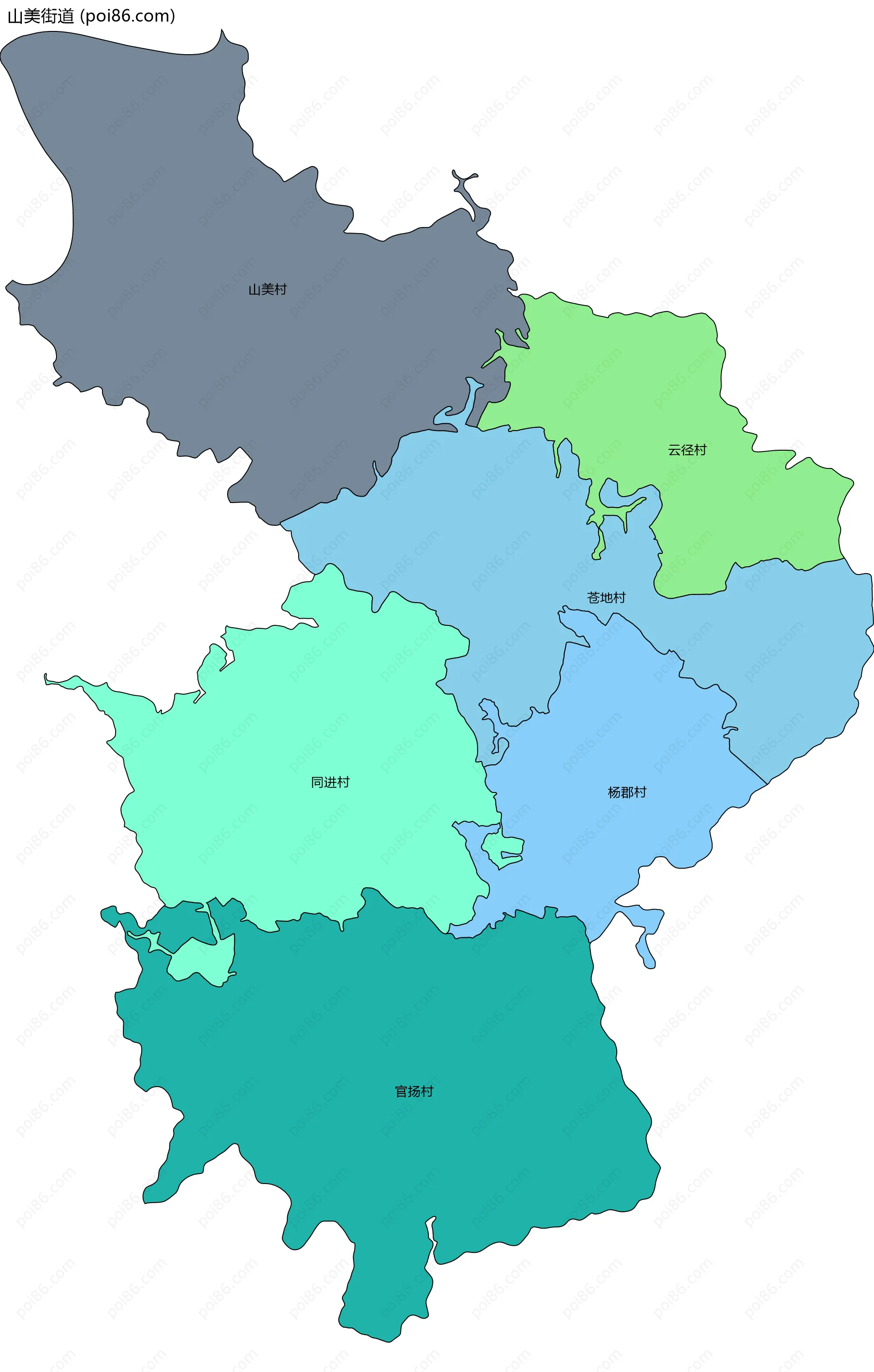 山美街道边界地图(五级行政区划)