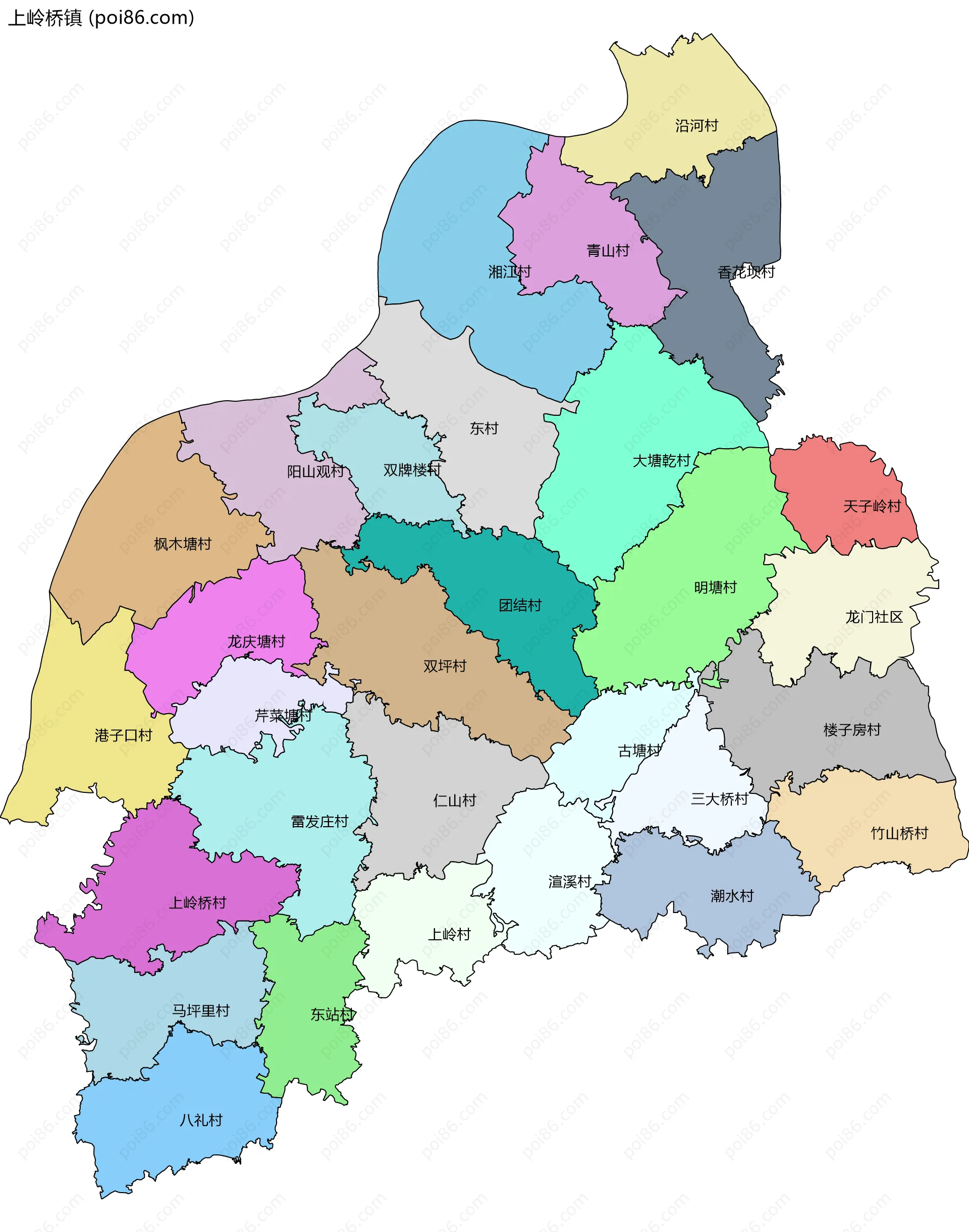 上岭桥镇边界地图(五级行政区划)