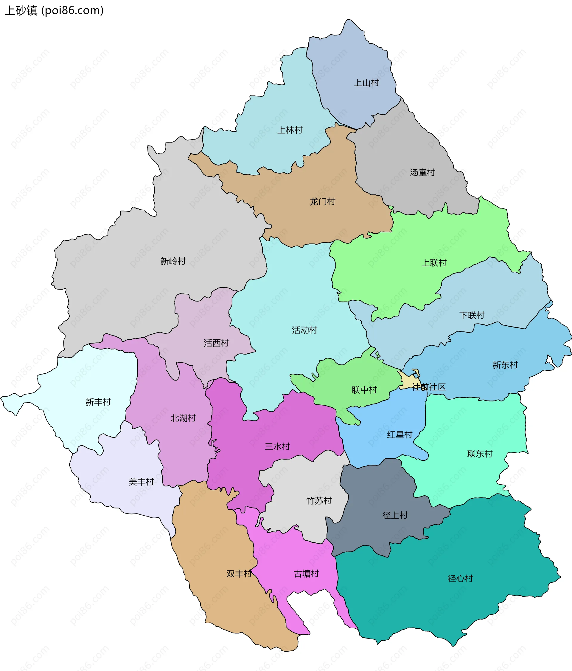 上砂镇边界地图(五级行政区划)