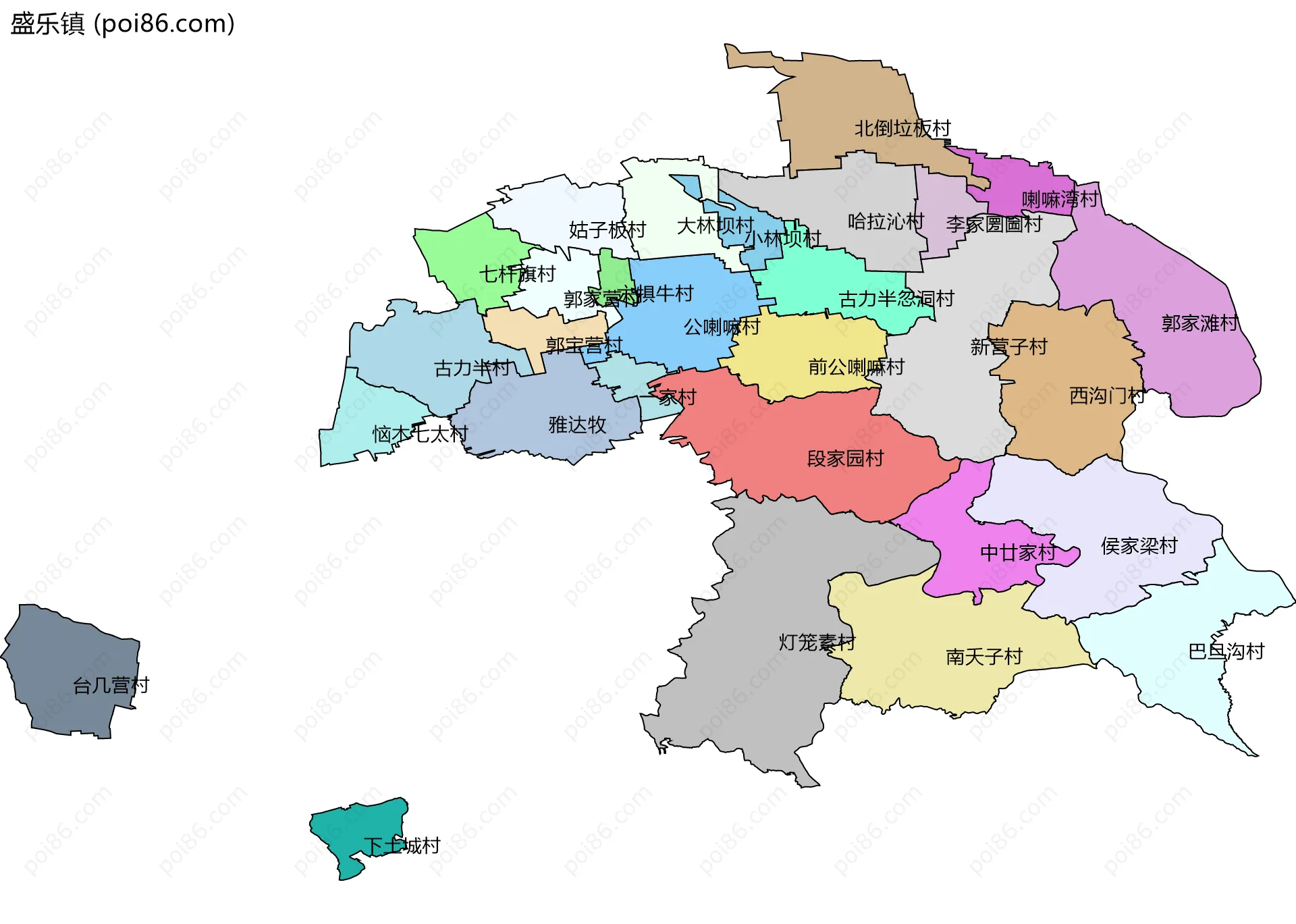 盛乐镇边界地图(五级行政区划)