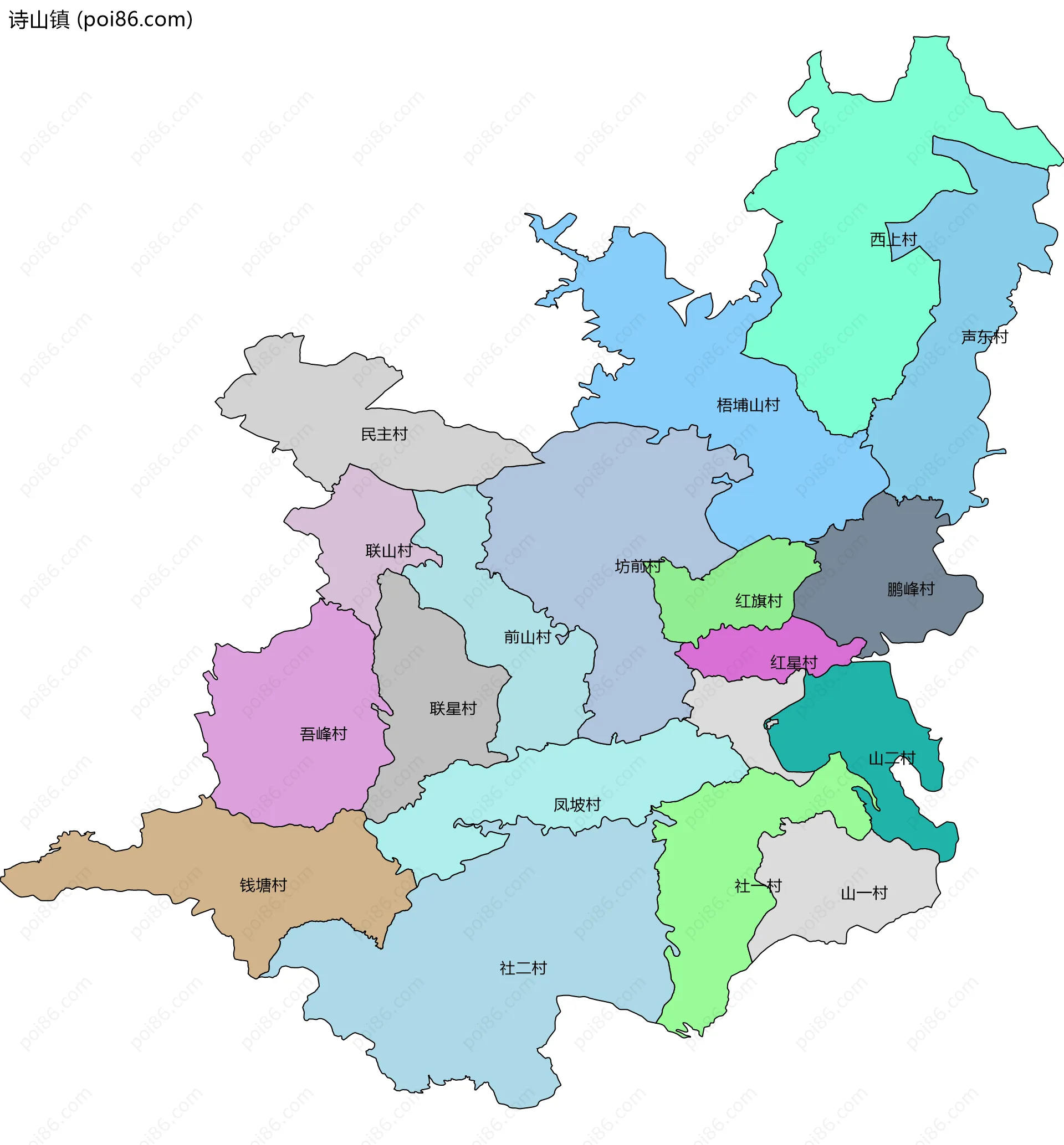 诗山镇边界地图(五级行政区划)