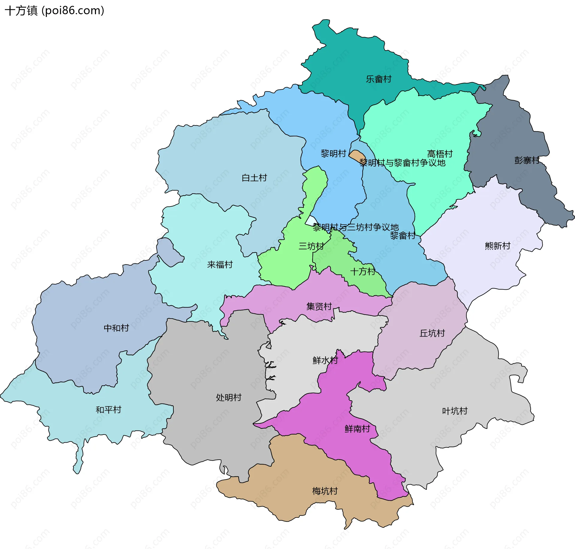 十方镇边界地图(五级行政区划)