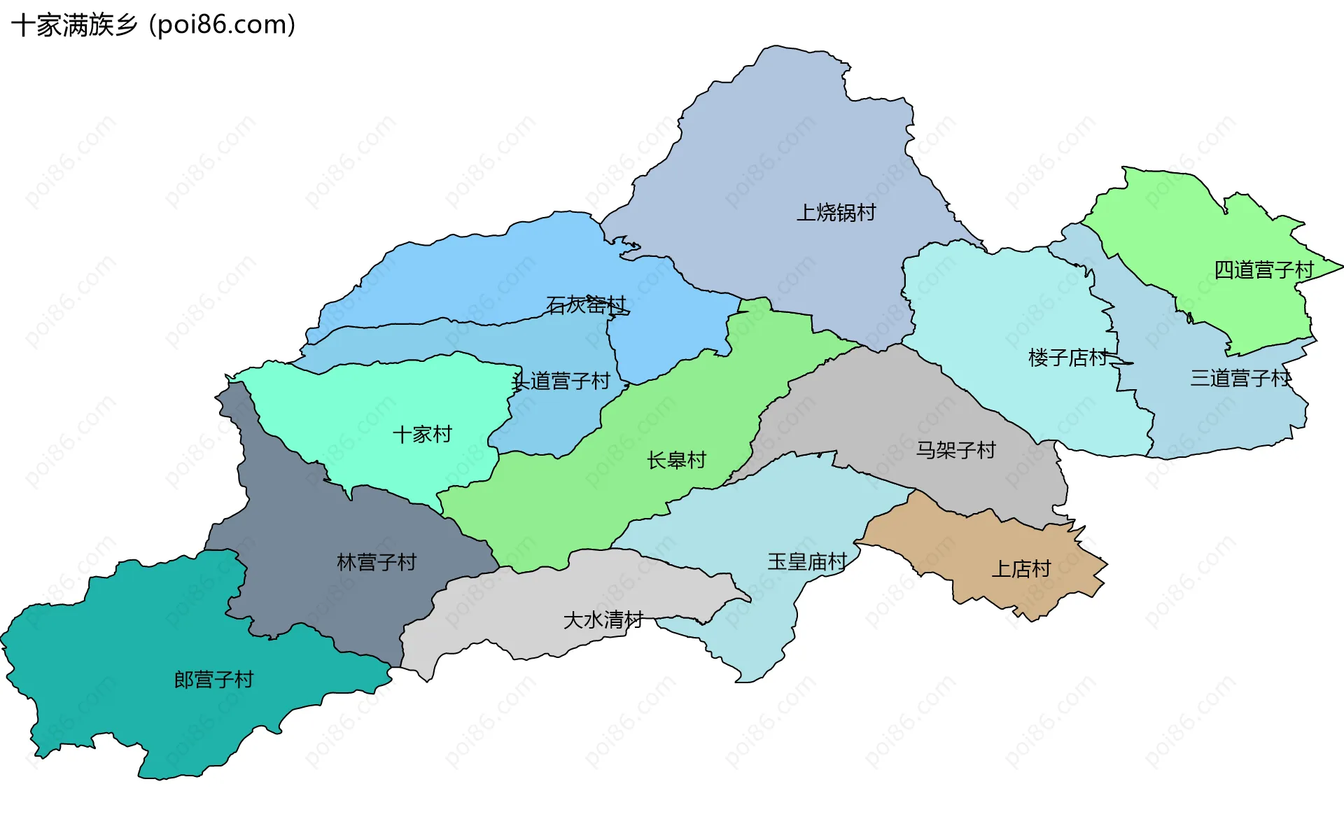十家满族乡边界地图(五级行政区划)