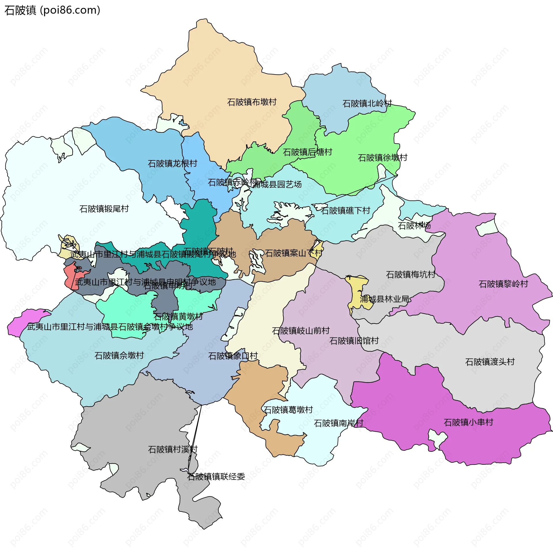 石陂镇边界地图(五级行政区划)