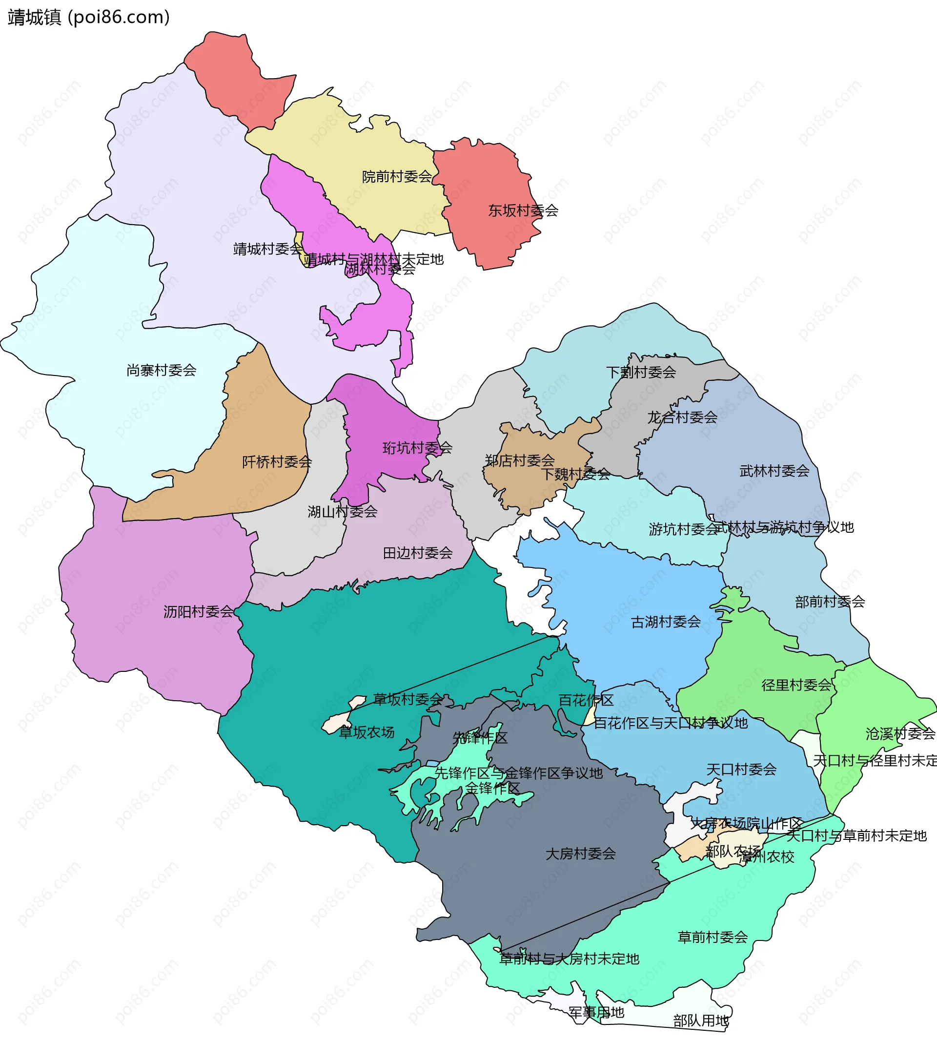 靖城镇边界地图(五级行政区划)