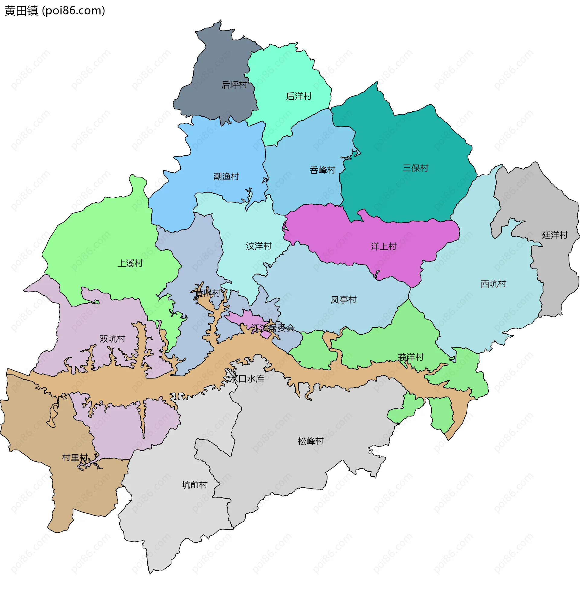 黄田镇边界地图(五级行政区划)