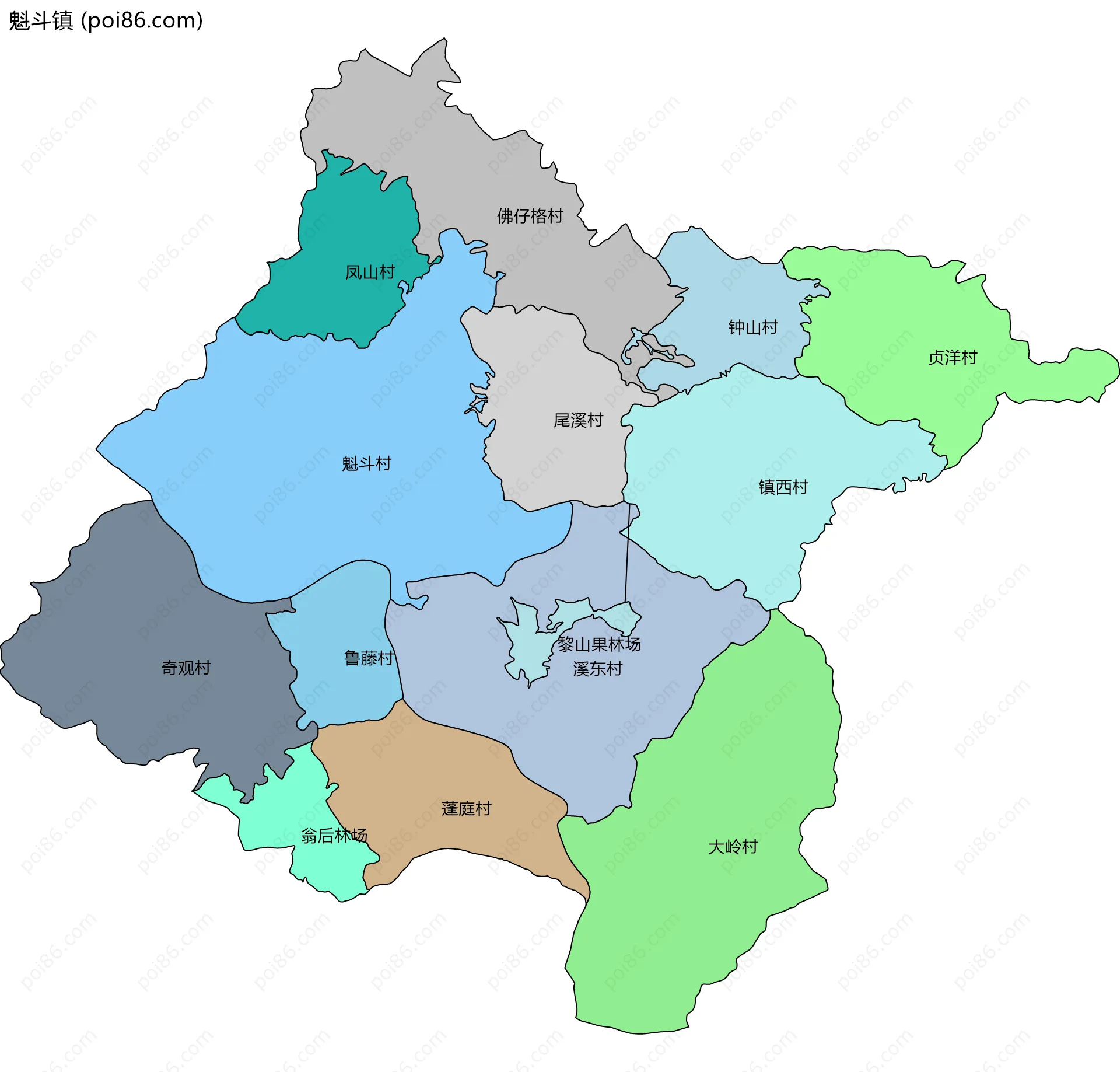 魁斗镇边界地图(五级行政区划)