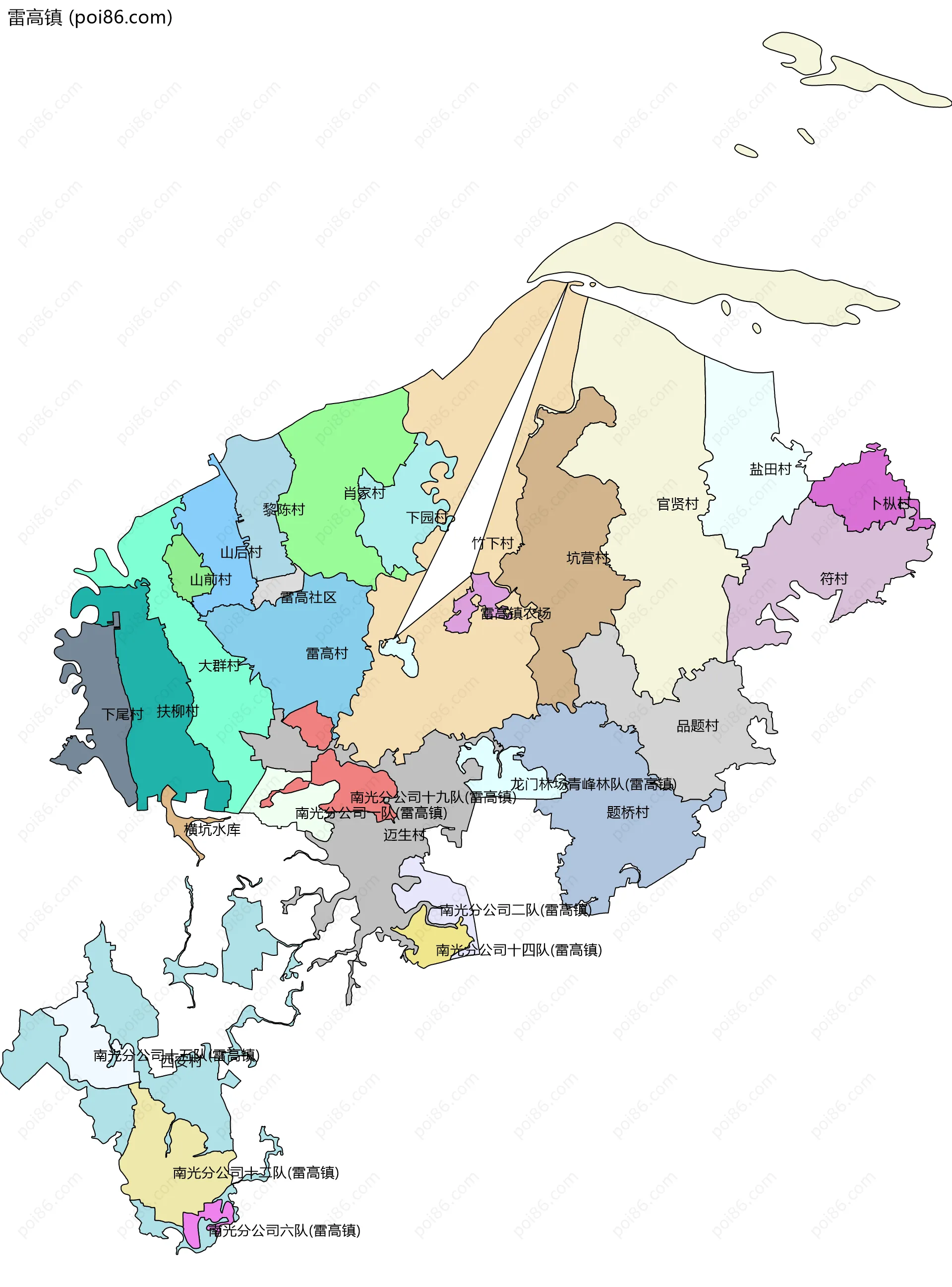 雷高镇边界地图(五级行政区划)