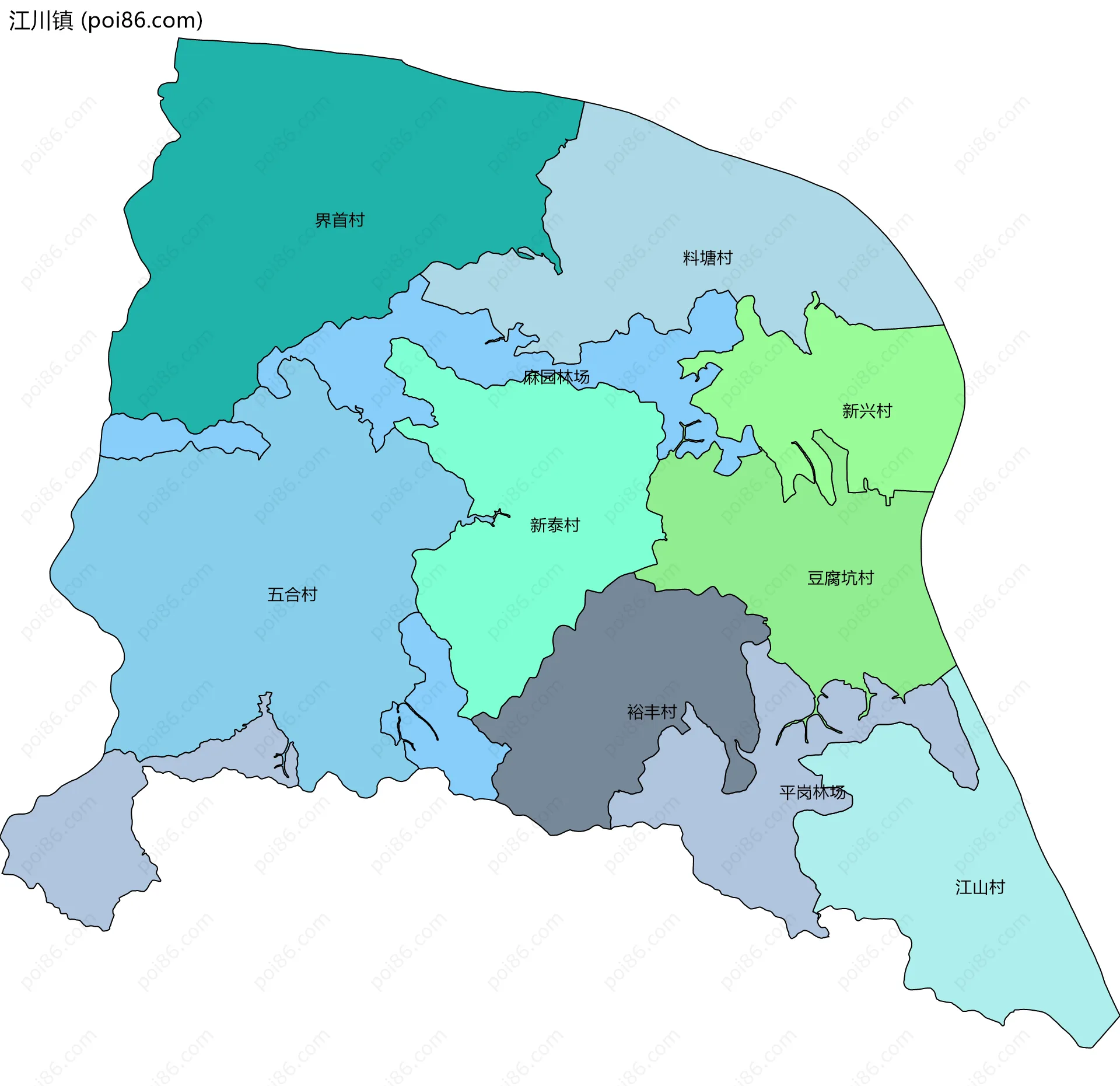 江川镇边界地图(五级行政区划)