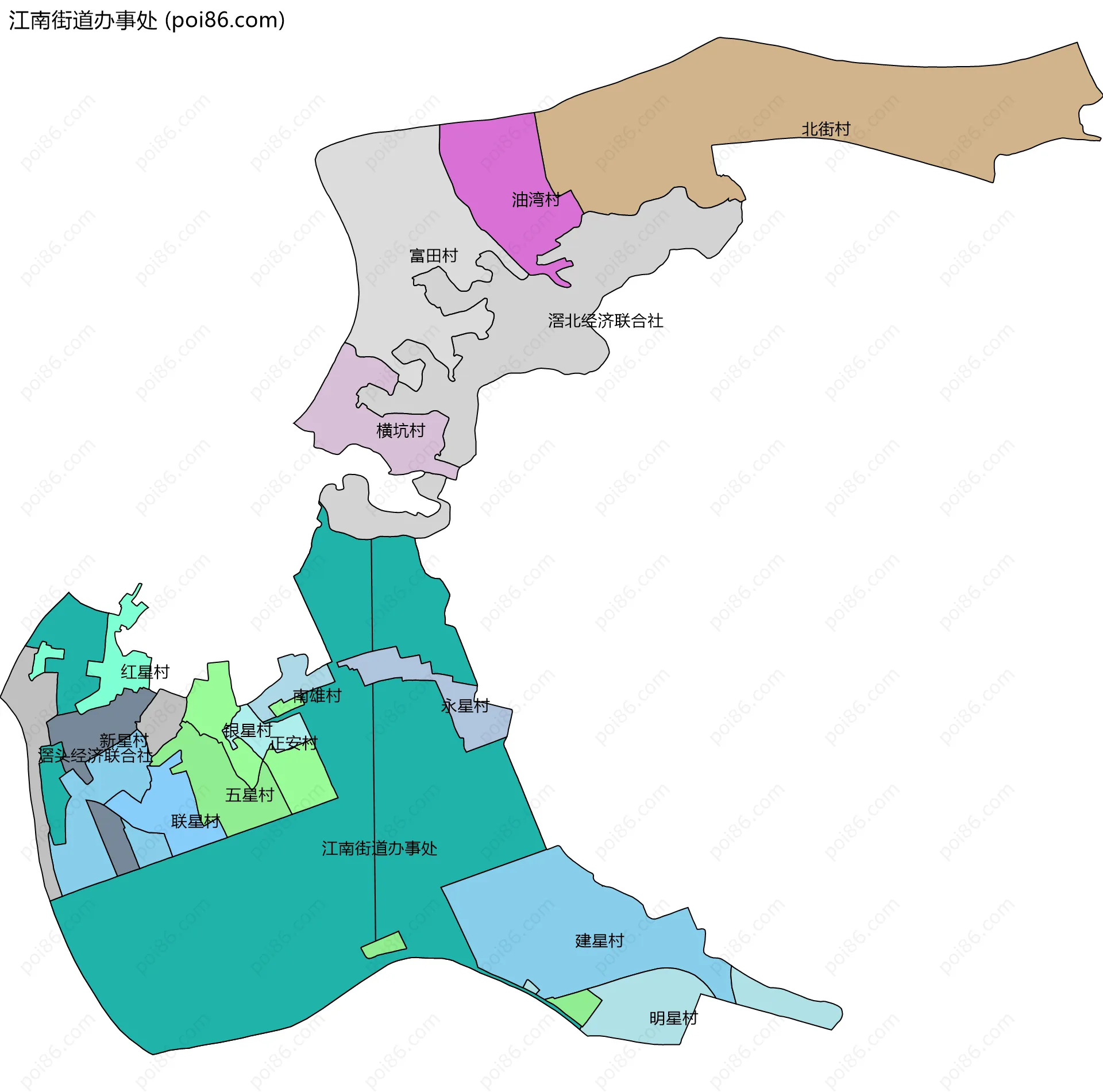 江南街道办事处边界地图(五级行政区划)