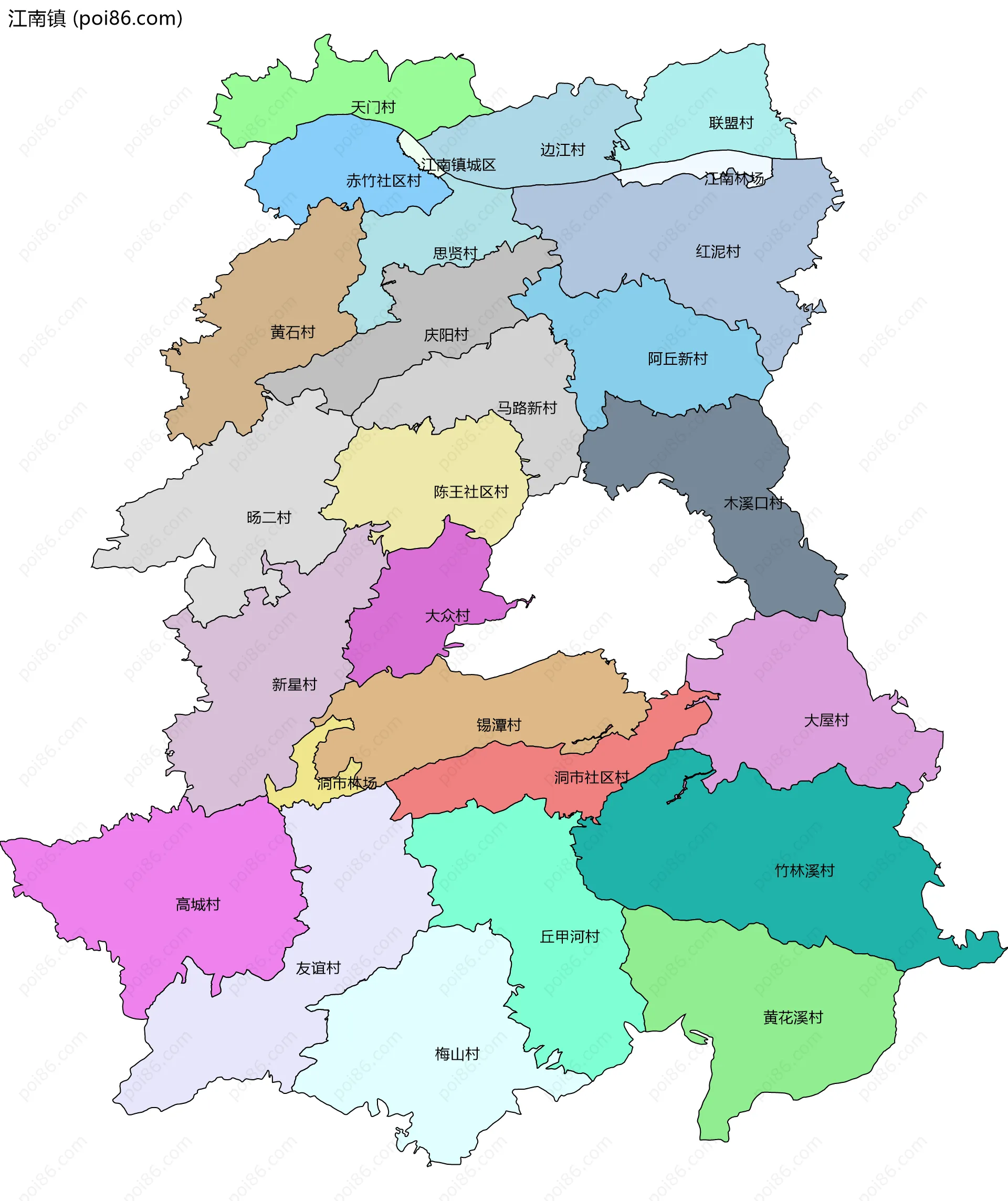 江南镇边界地图(五级行政区划)