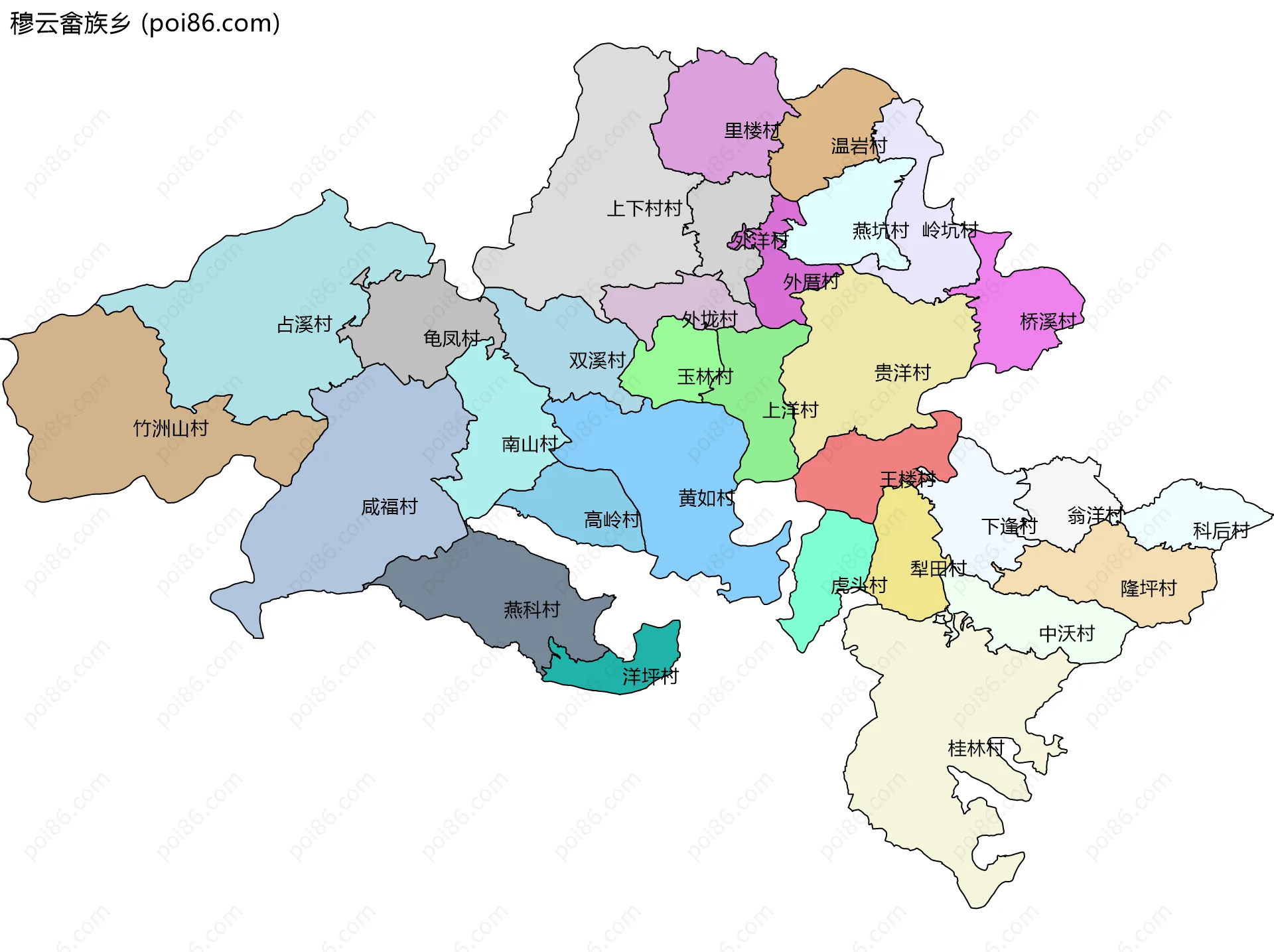 穆云畲族乡边界地图(五级行政区划)