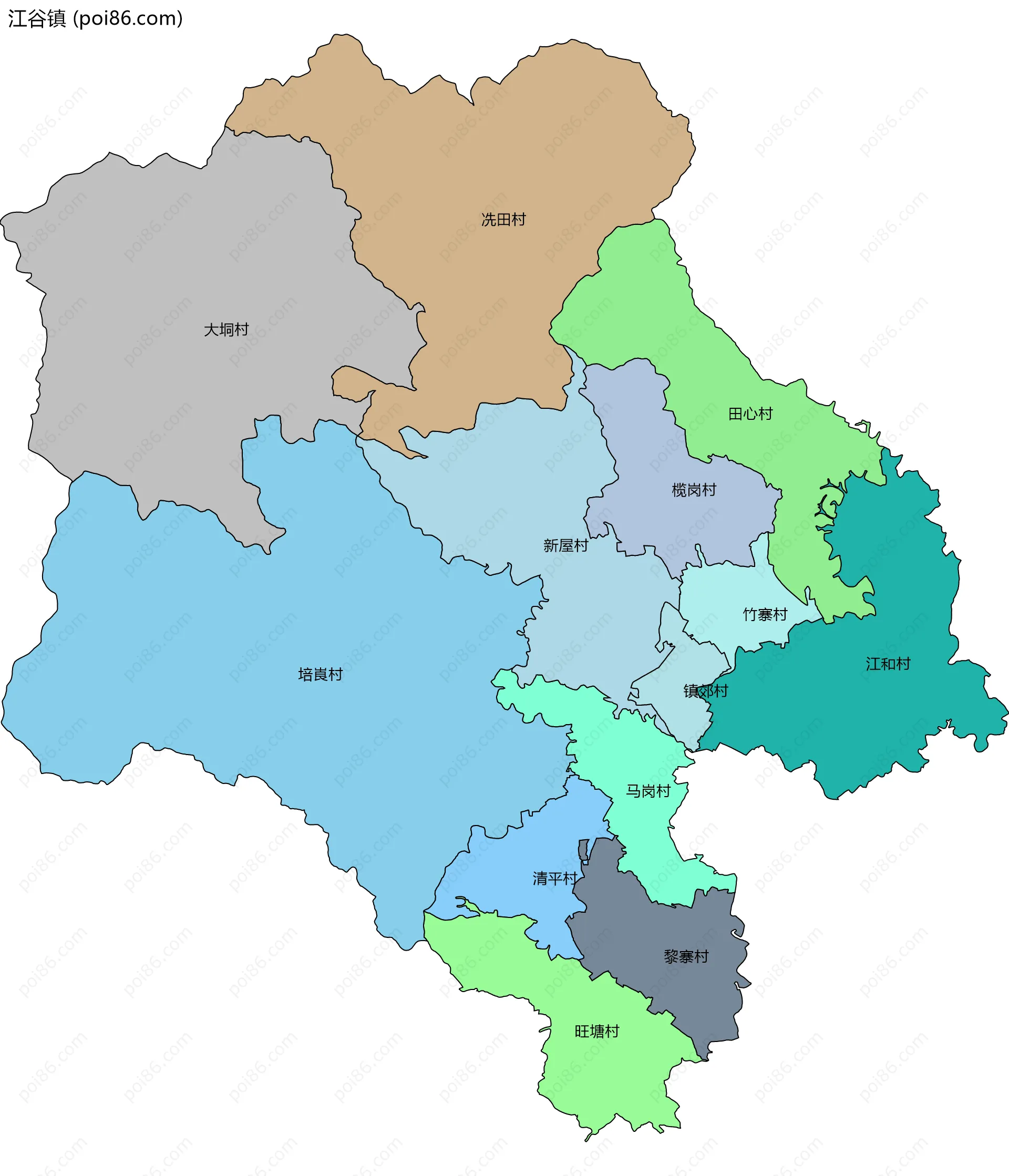 江谷镇边界地图(五级行政区划)